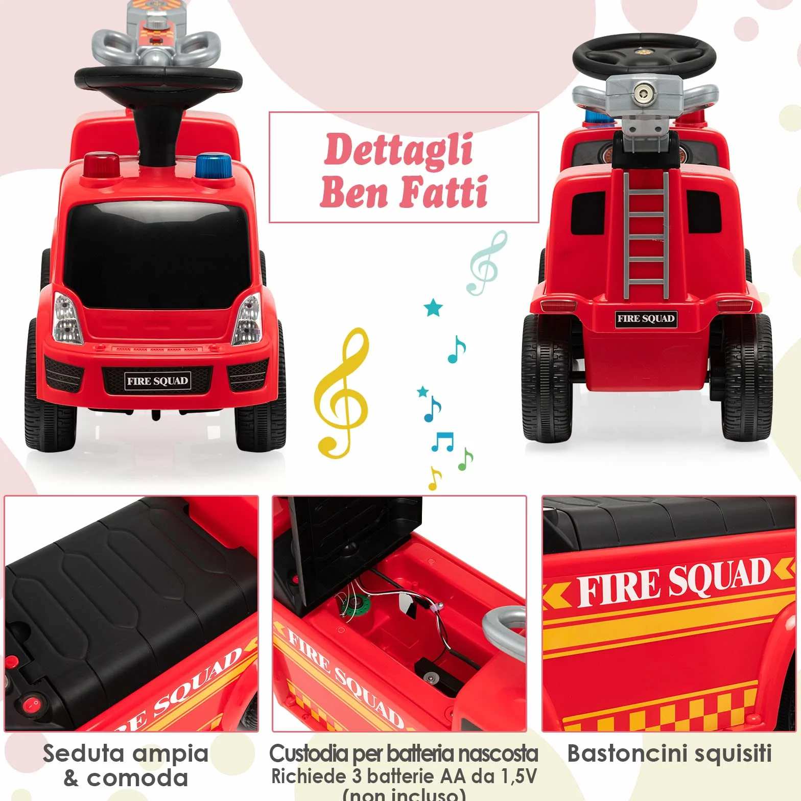 COSTWAY Camion dei Pompieri Giocattolo Cavalcabile a Spinta per Bambini con Bolla Musica Luci Allarme Rosso 18-36 Mesi