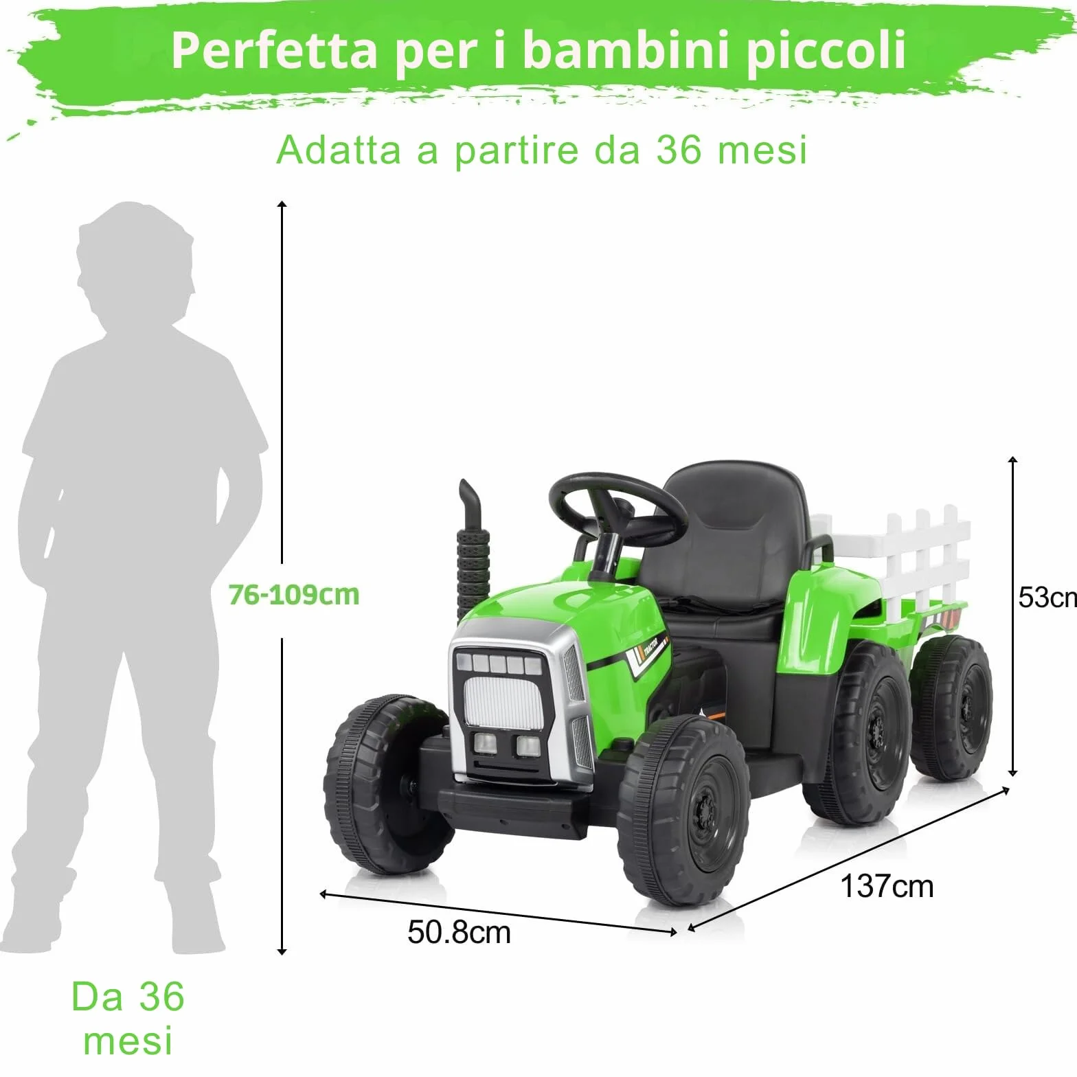 LALAHO trattore elettrico per bambini 12V con luci a LED, trattore telecomandato, musica, 3-8km/h, rimorchio staccabile (Verde chiaro)