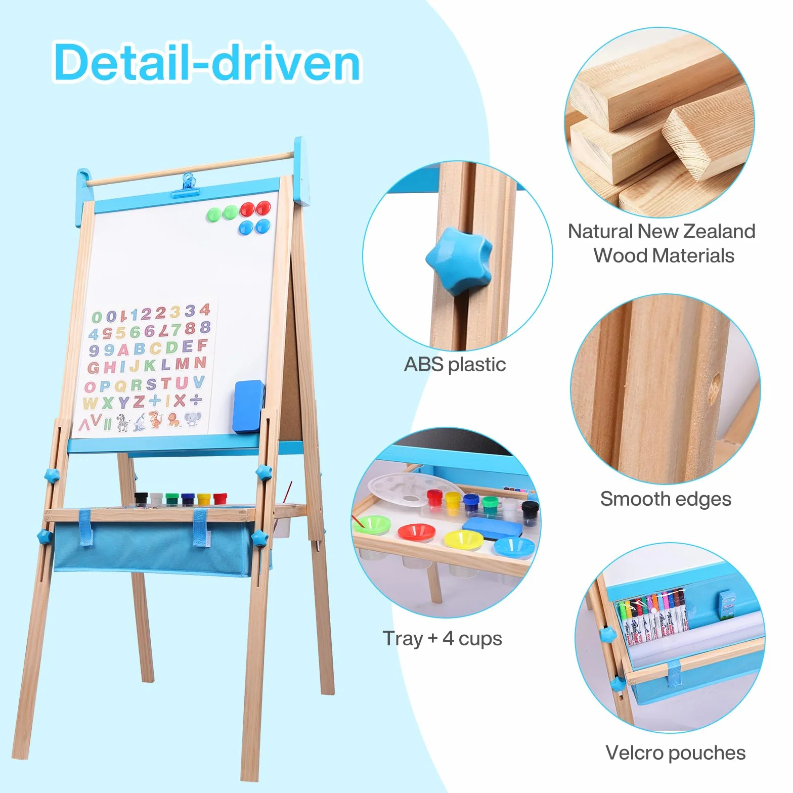 Lavagna per Bambini 3 in 1 Cavalletto Regolabile 115-134cm Legno Massello Magnetica e Bianca con Rotolo Carta 13 Accessori