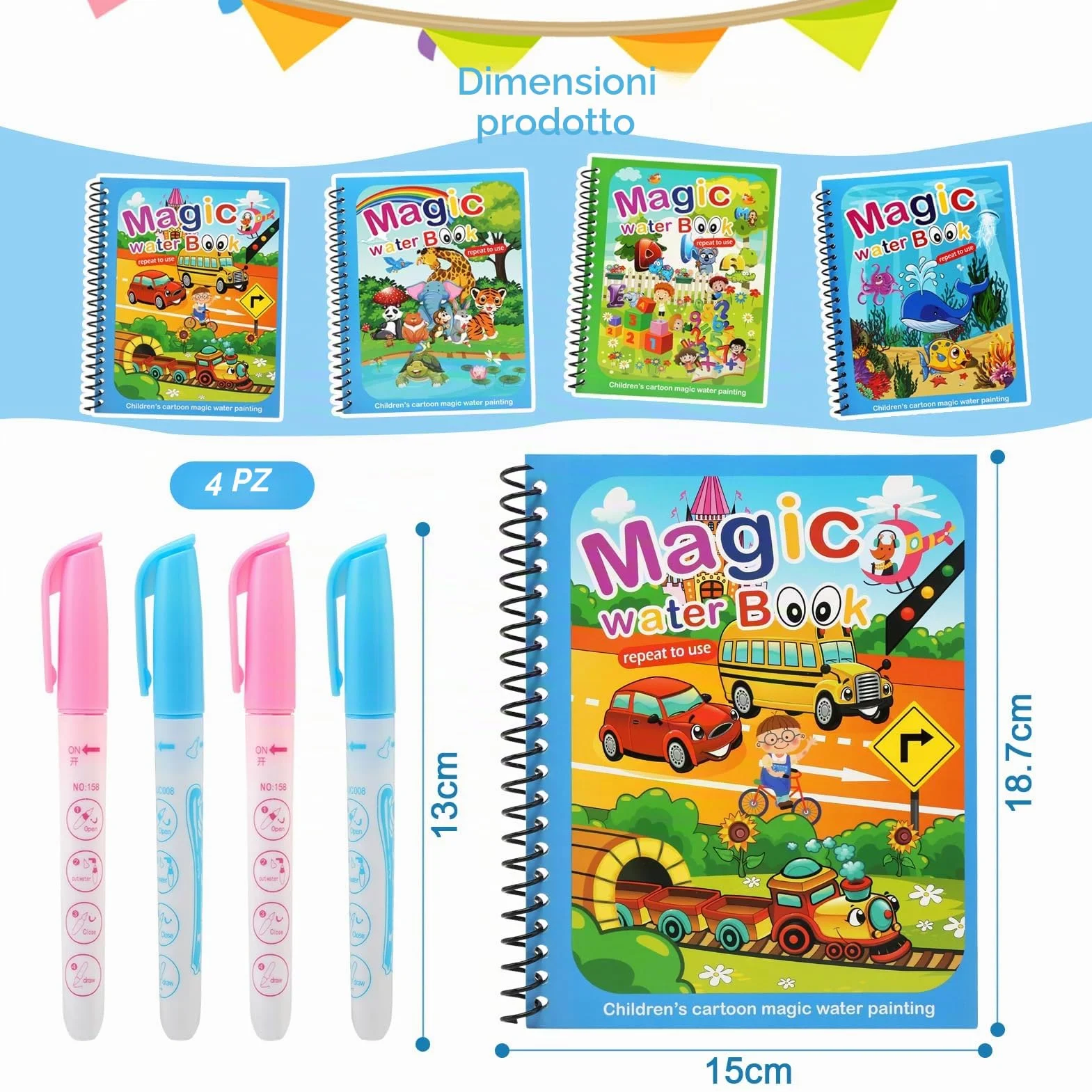 JoyPlus 4 Pezzi Libro di Pittura ad Acqua con 4 Penna Acqua, Libri da Colorare per Bambini, Riutilizzabili Libro Magico ad Acqua da Colorare, Pittura Giocattolo Regalo per Ragazzi Ragazze Bambini