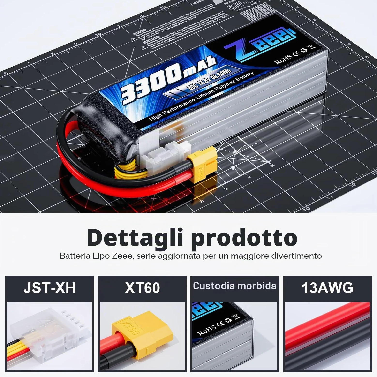 Zeee 4S Lipo 14,8V 50C 3300mAh RC Batteria con Connettore XT60 (2 pezzi) | Batteria RC per FPV Racing UAV Drone Veicolo a quattro assi elicottero RC Nave RC Veicolo RC Modells