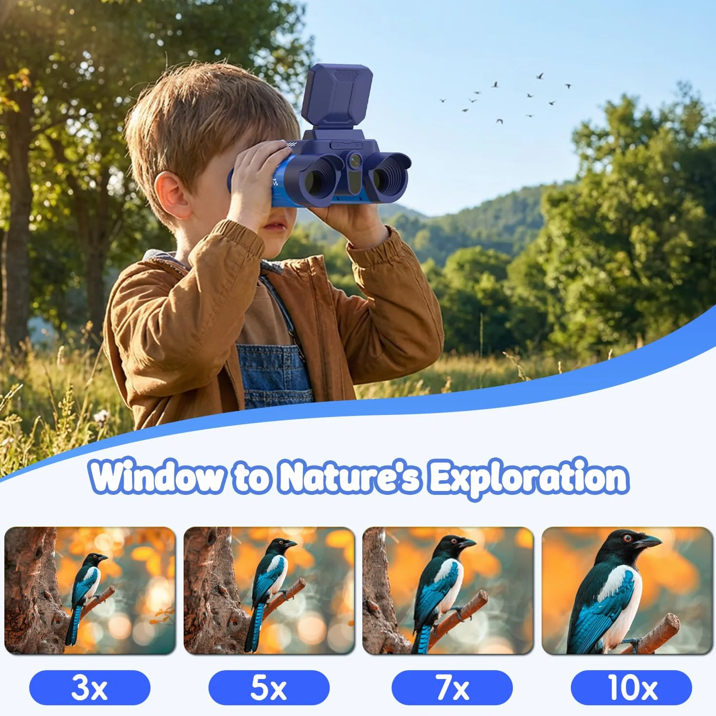 Binocolo per Bambini con Zoom Ottico 10x e Fotocamera - Foto 48 MP e Video in 1080P, Visione Notturna 25 m, Adatto dai 3 Anni in su, Ideale per Osservazione Animali e Natura | Blu Scuro