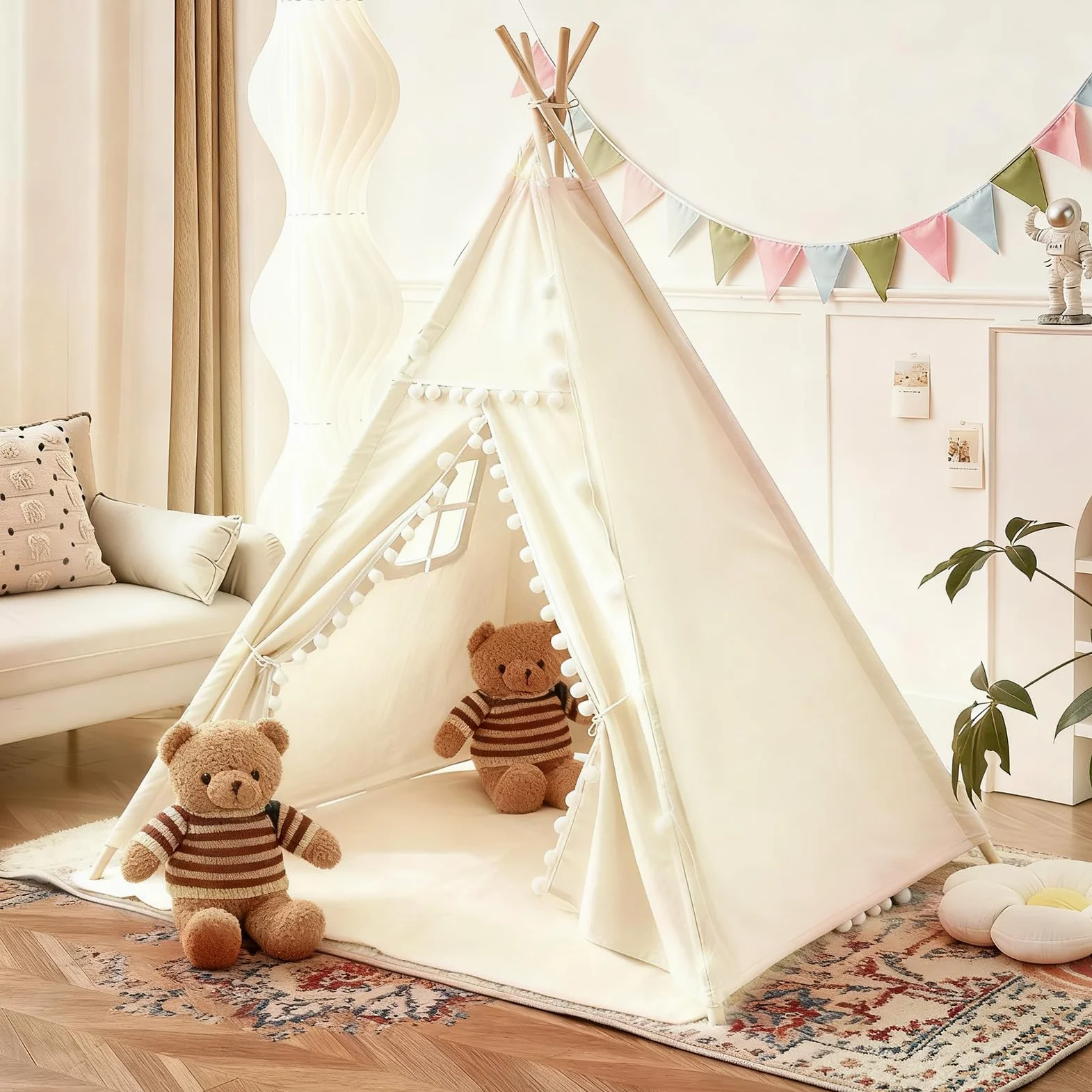 Tenda per Bambini, 120x140 cm Tenda Indiana Bambini per Cameretta, Castello Giochi per Bambini in Tela,Tenda Indiano con Lucine e Borsa Portaoggetti per Uso Interno o Esterno