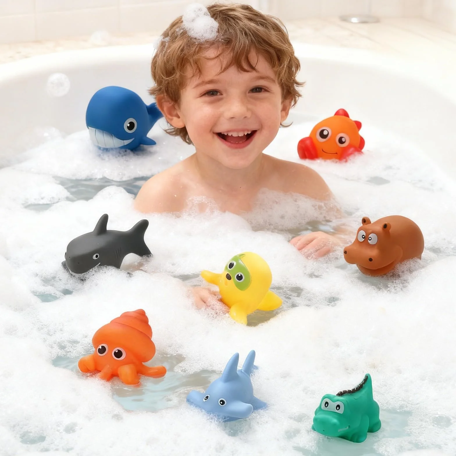 Giochi Bagnetto Neonato - Set 9 Pezzi Giochi da Bagno Senza Muffa Senza Foro, Animaletti di Gomma per Bambini, Giochi Bagnetto Neonato,Giochi d’Acqua e Piscina per Neonati e Bimbi