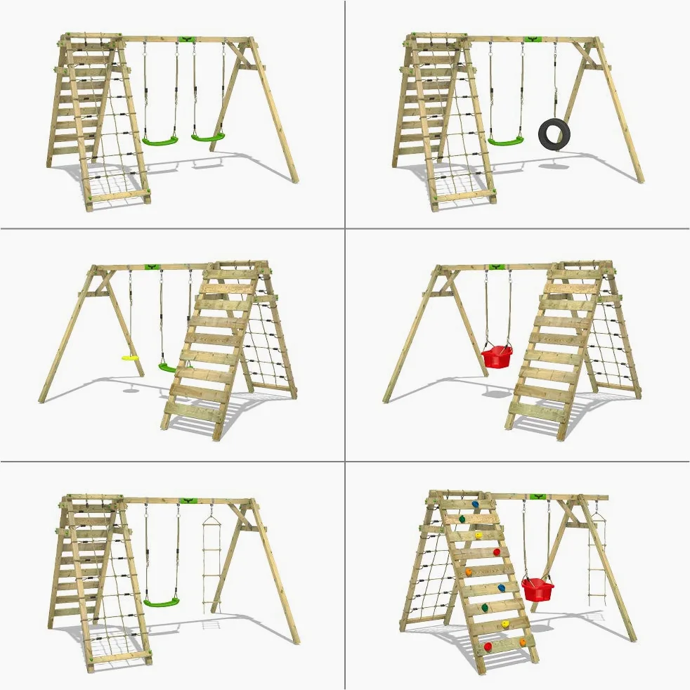 Altalena FATMOOSE JollyJungle per bambini verde mela in legno | Rete per l'arrampicata, Altalena doppia, Ampliamento per arrampicate, Da esterno o da giardino