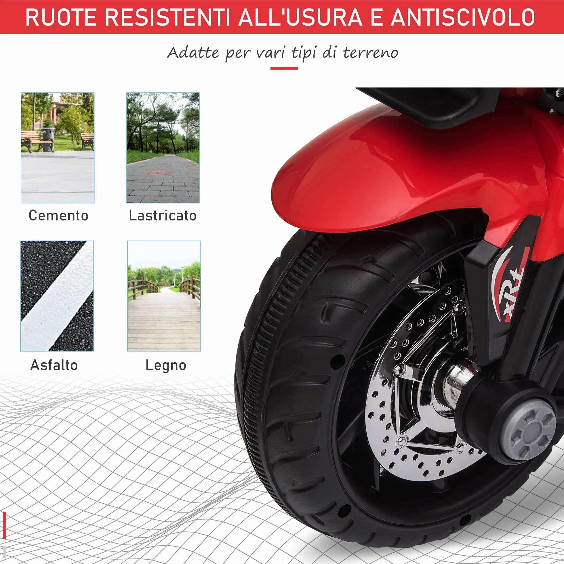 HOMCOM Moto Elettrica per Bambini 3-5 Anni 6V (max. 25kg), Velocità 3km/h, Motorino Elettrica per Bimbi con 3 Ruote, Luci e Suoni, Rosso, 86x42x52cm