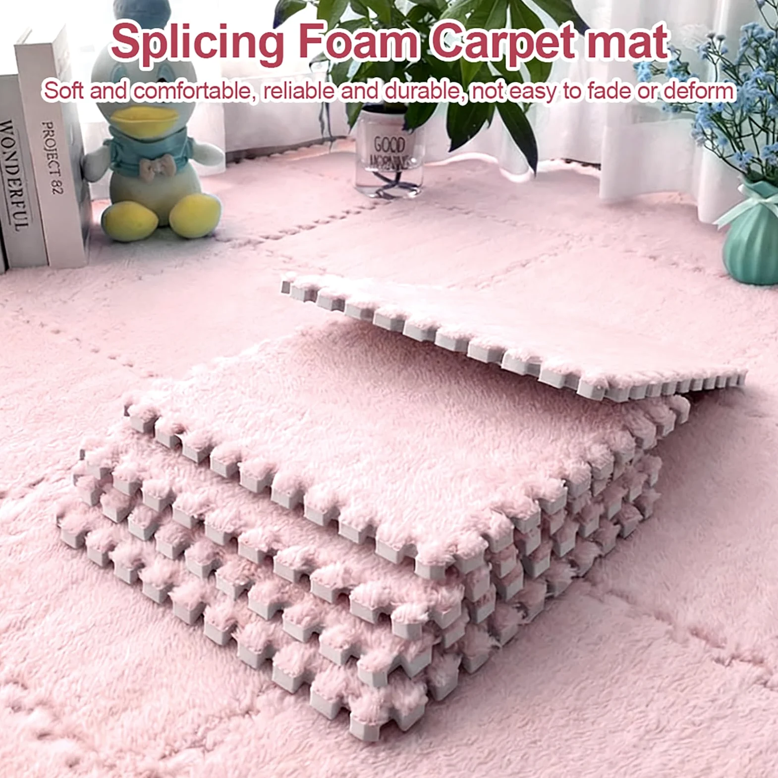 12 Pezzi Tappeto Puzzle in EVA, Tappeti Puzzle in Peluche Interconnessi, 30x30cm Tappeto Gioco Antiscivolo per Camera da Letto, Soggiorno e Cameretta Bambini (Rosa Chiaro)