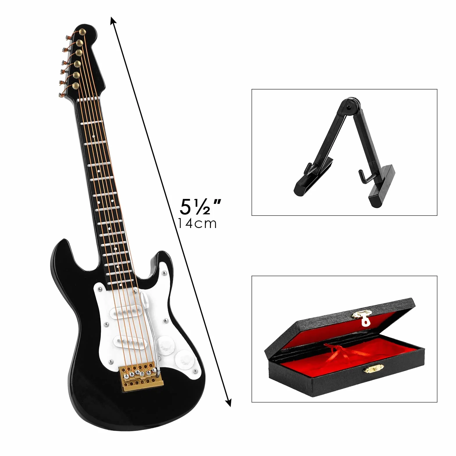Mussiin Miniatura Chitarra Elettrica 6 Corde 14 cm con Supporto Custodia Nero