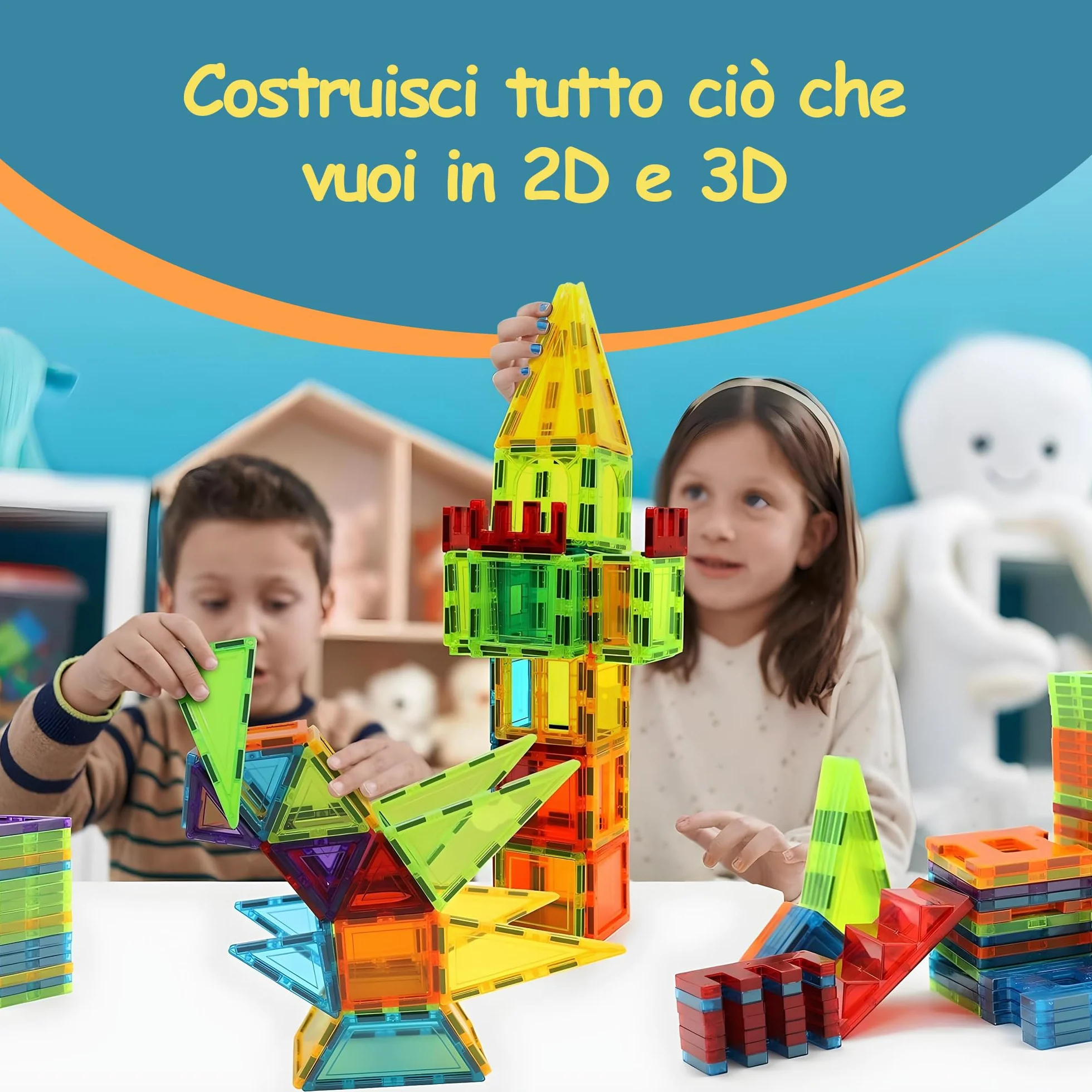 Olvy Set 74 Blocchi Magnetici per Bambini, Piastrelle Magnetiche Montessori, Gioco di Costruzioni 3+ Anni