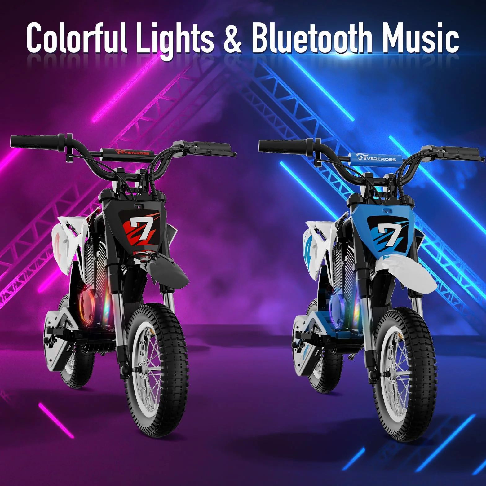 EVERCROSS EV12M PRO Motocicletta Elettrica, Moto Elettrica con Motore da 300W, 3 Modalità di Velocità, Pneumatico da 12'', Musica Bluetooth, Luci Colorate, Moto Cross per Bambini da 110cm di altezza