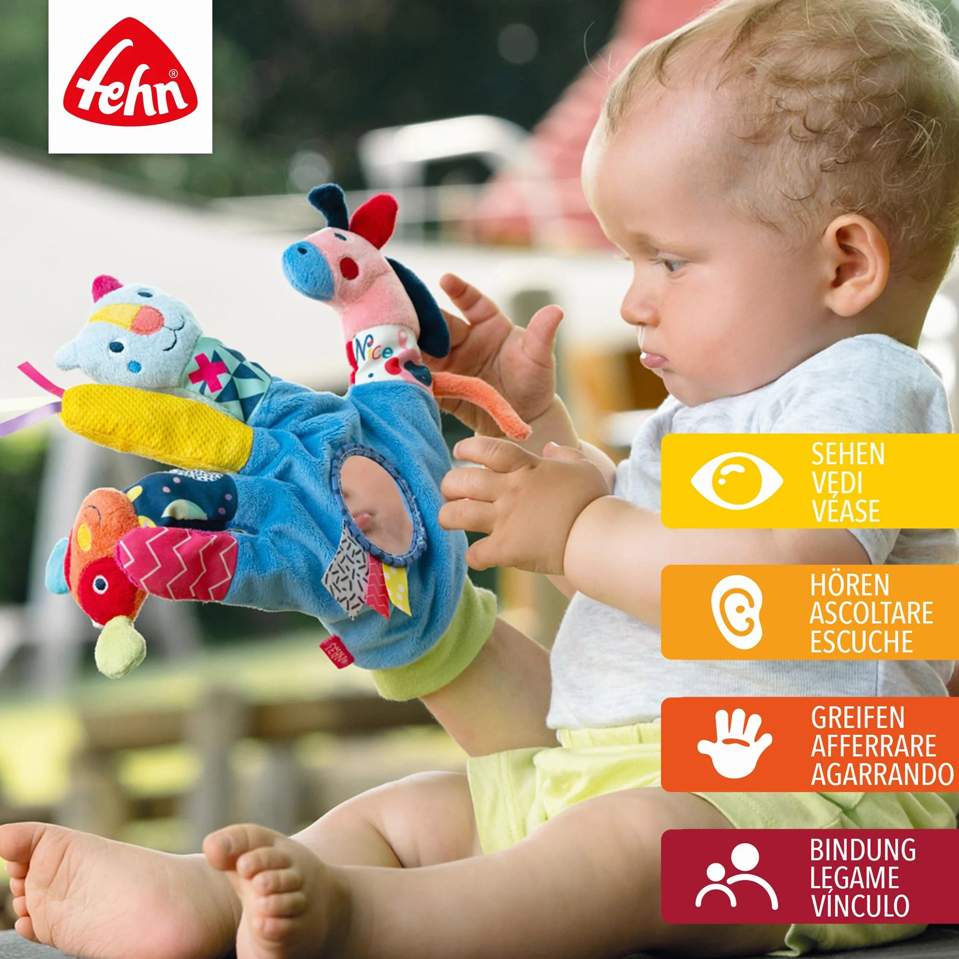 Fehn Color Friends Guanto da gioco con sonaglio e squeaker per bambini 0+ mesi