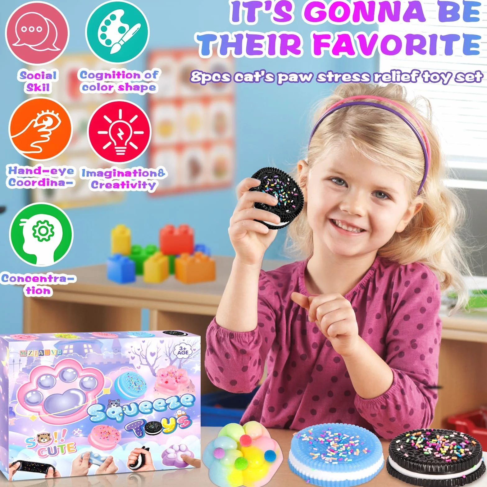 4 pezzi giocattolo per stringere zampa di gatto, 4 pezzi Squishy Oreo, Taba Squishy Kit, Squeeze Toys, Kawaii Squishys Giocattoli, Giocattoli antistress per bambini e adulti, Natale