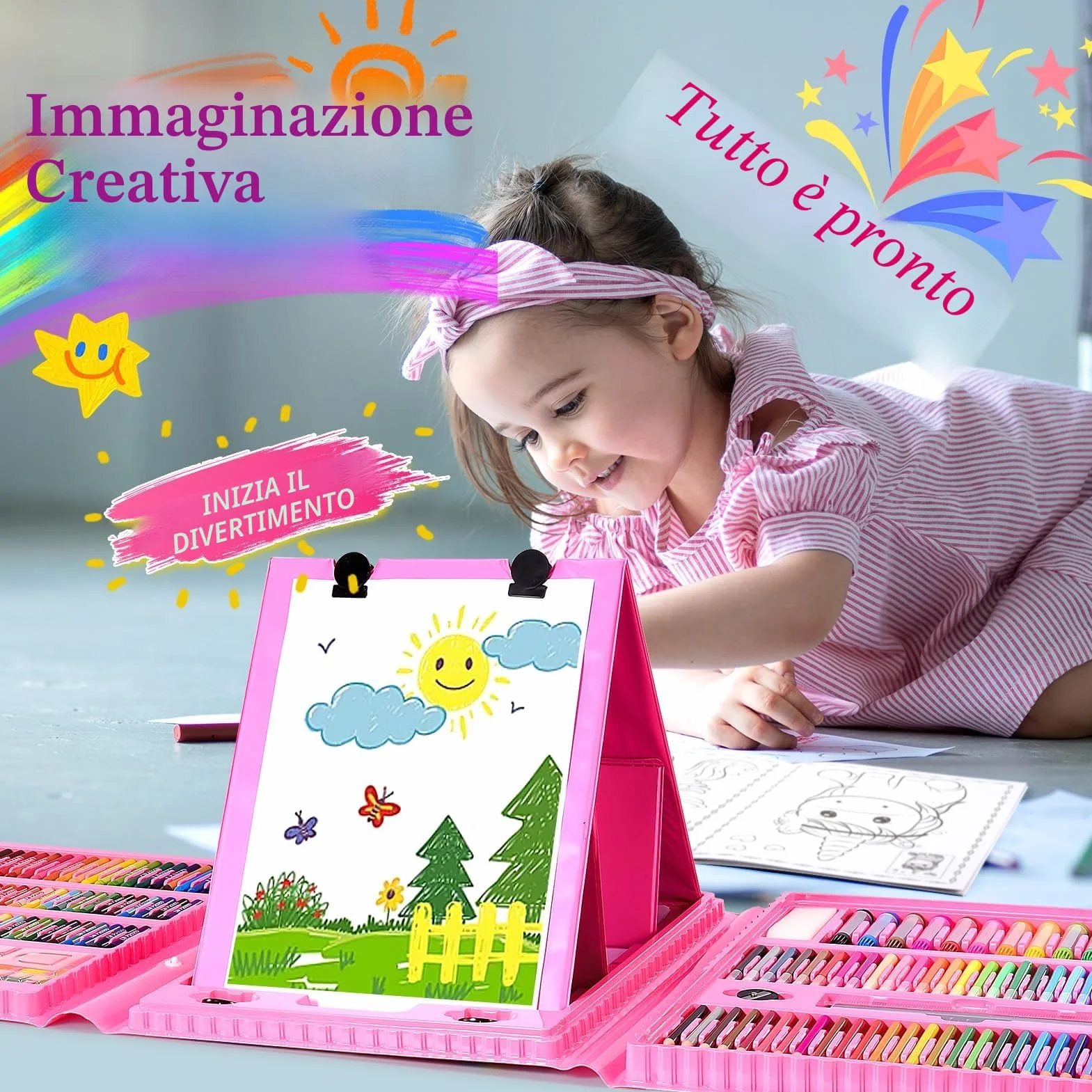 HappyGoLucky 208 Kit Colori per Bambini, Matite Colorate Pastelli a Cera Acquerelli Pastelli a Olio, Regalo Bambina 3-10 anni