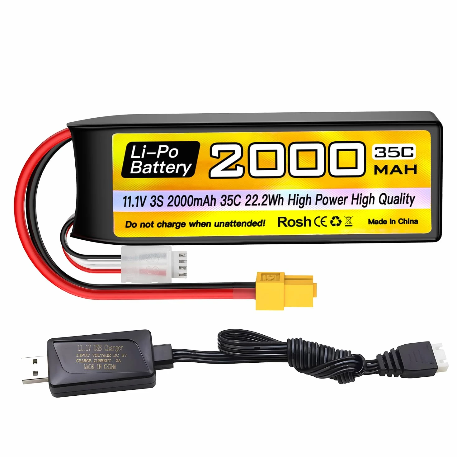 3S Lipo Batteria 11.1V 2000mAh 35C XT60 Spina con Cavo di Ricarica USB per RC Auto Camion RC Barca RC Quadcopter FPV Drone Batteria