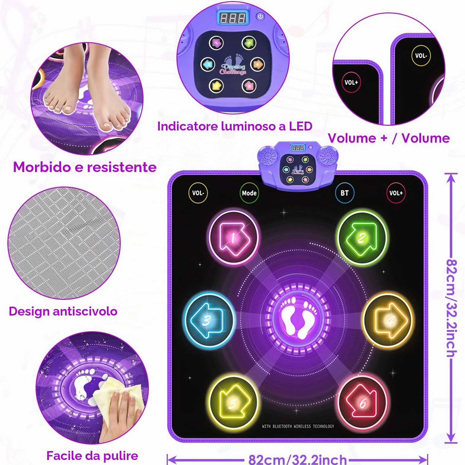 GuKKK Tappetino da Ballo con 6 LED e Bluetooth per Bambini 3-10+ Anni