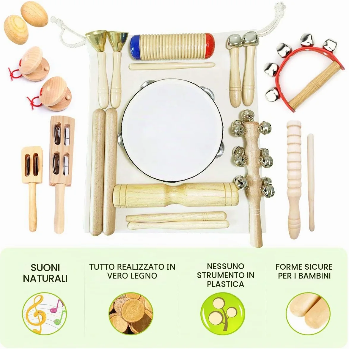Strumenti Musicali Bambini, ULIFEME 23 Pezzi Strumenti Musicali Legno, Giochi Musicali A Percussione Giocattolos per Bimbi, Set Ritmo di Percussioni Premium, Materiale 100% Legno Puro+ Borsa di Cotone