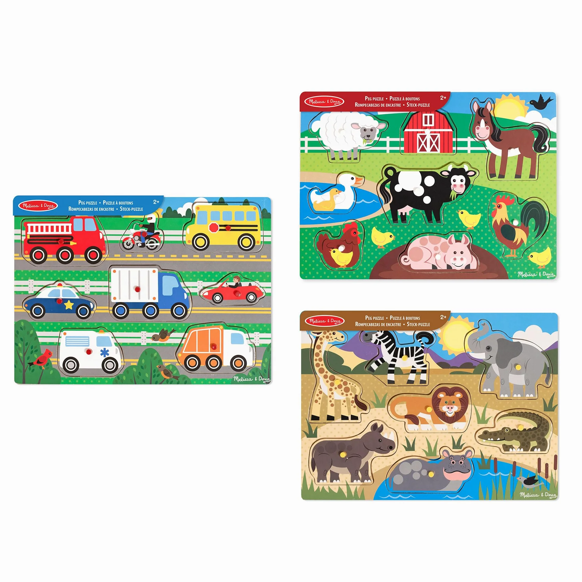 Melissa & Doug Set di 3, Puzzle con Pioli in Legno - Animali della fattoria, Safari e Veicoli, Giochi in legno, Giocattoli per lo sviluppo, 3+, Regalo per bambini e bambine