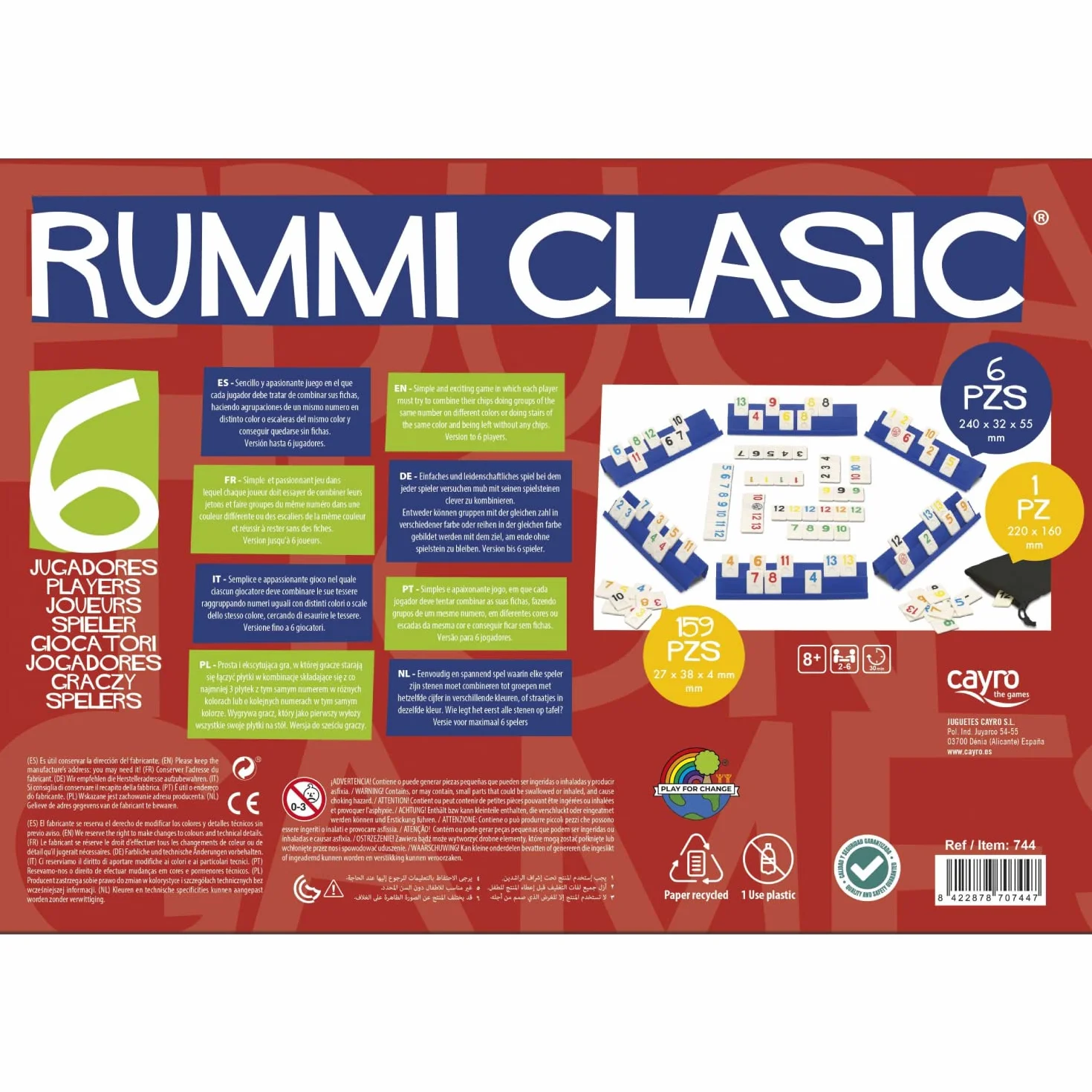 Cayro - Rummi - + 8 Anni - Modello Classico - Divertenti Giochi da Tavolo per Bambini e Adulti - 159 Pezzi, 1 Borsa in Tessuto e 6 Supporti - da 2 a 6 Giocatori