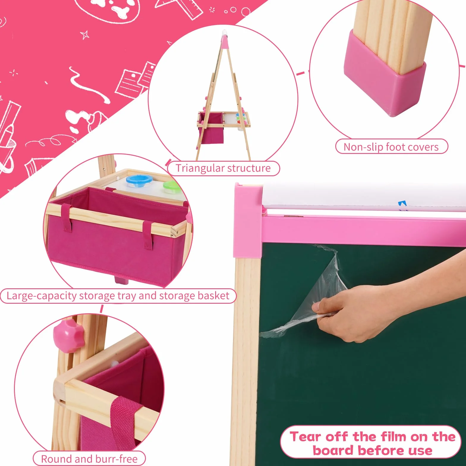 Lavagna per Bambini 3 in 1 con Rotolo di Carta, Cavalletto Artistico Pieghevole Rosa