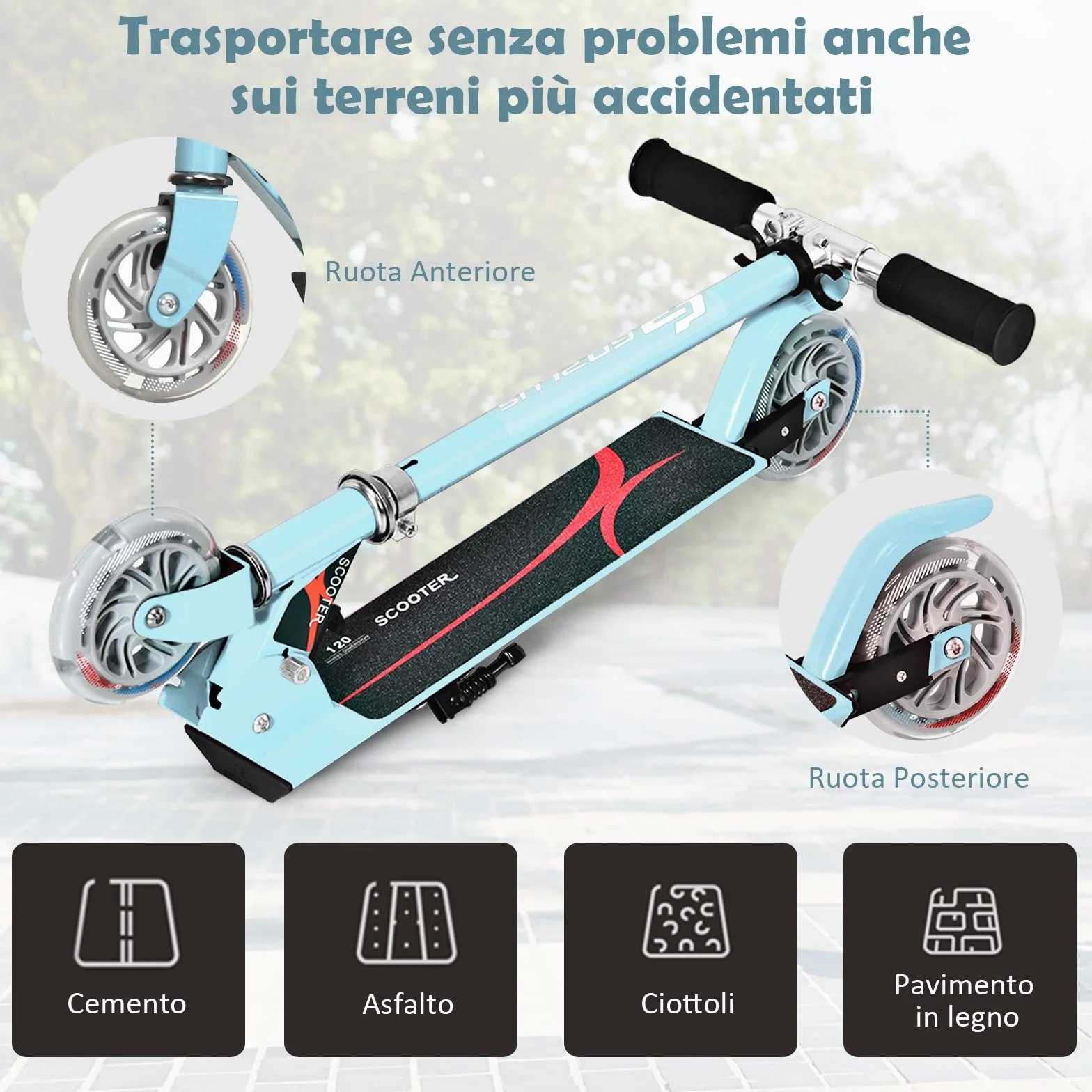 GOPLUS Monopattino Pieghevole a 2 Ruote Luminose Scotter Altezza Regolabile a 3 Livelli per Bambini 4-13 Anni, Alluminio, 70kg (Azzurro)