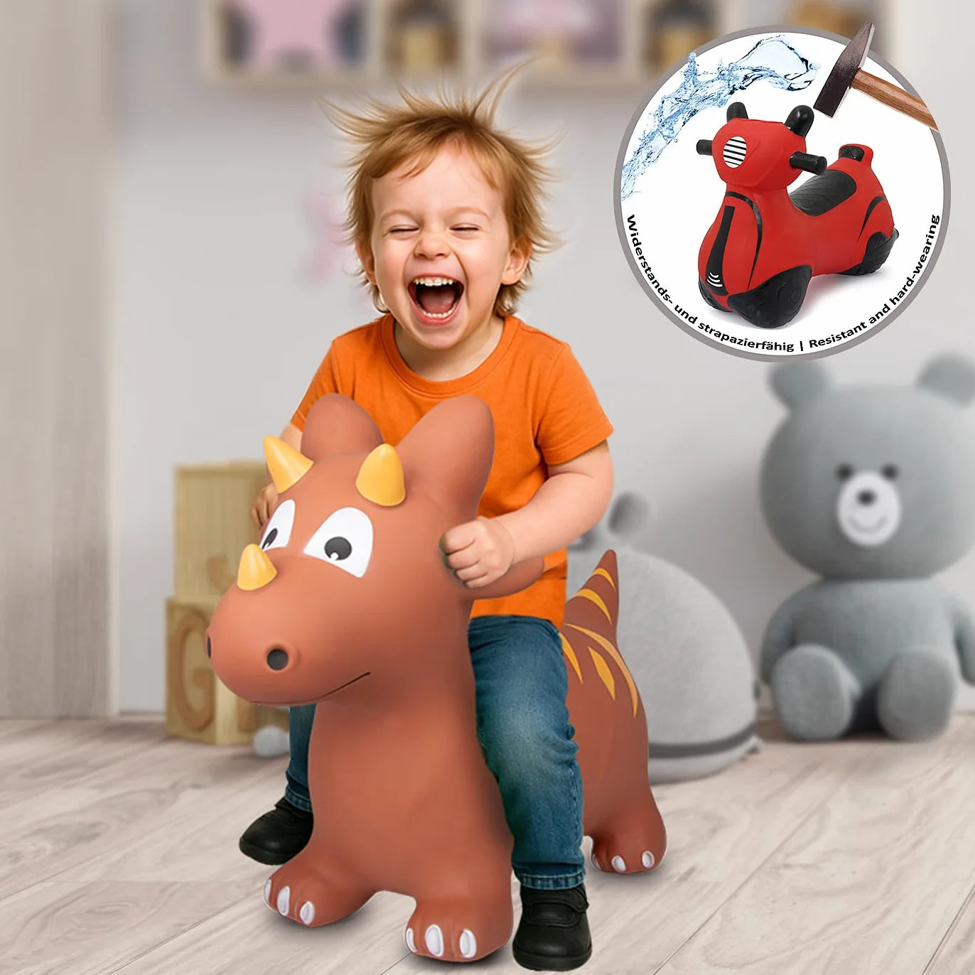 JAMARA 460591 Dino HoppyDoo - Giocattolo per bambini, giocattolo per bambini, per interni ed esterni, regalo per bambini, giocattolo da giardino, rimbalzo, facile da pulire, senza BPA, con pompa