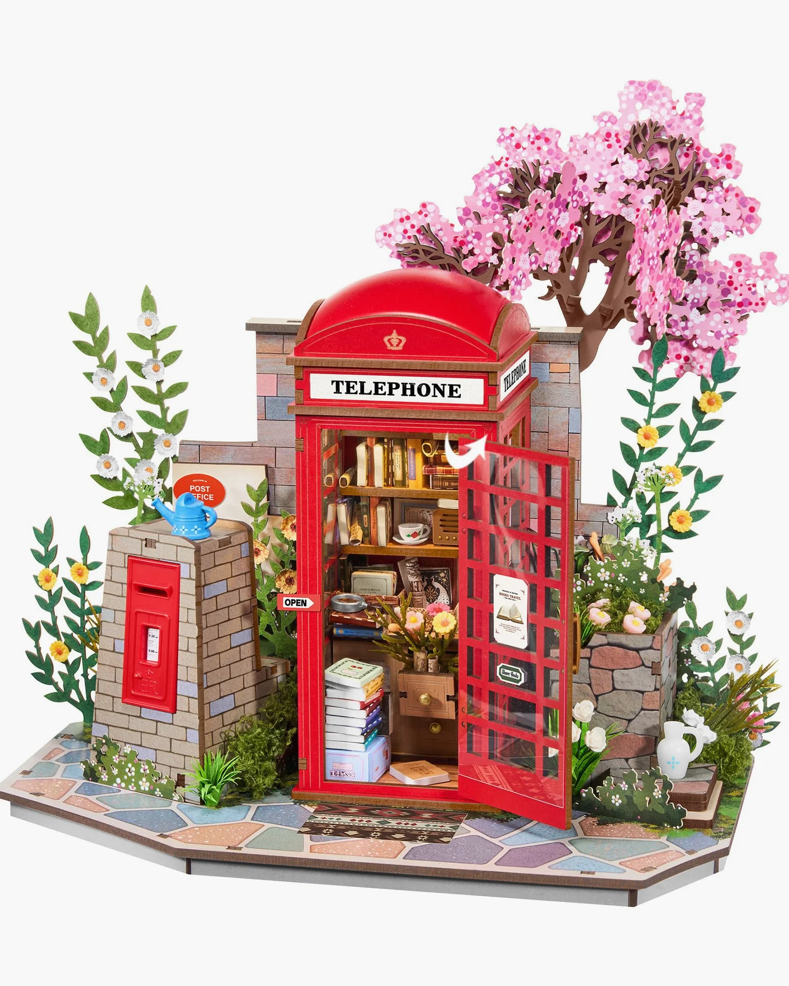 Rolife Puzzle 3D in Legno Cabina Telefonica Rossa di Londra Blossom Chiosco di Libri Modellino Fai da Te per Adulti con Luci LED Decorazione per la Casa Idea Regalo Creativa per Viaggiatori