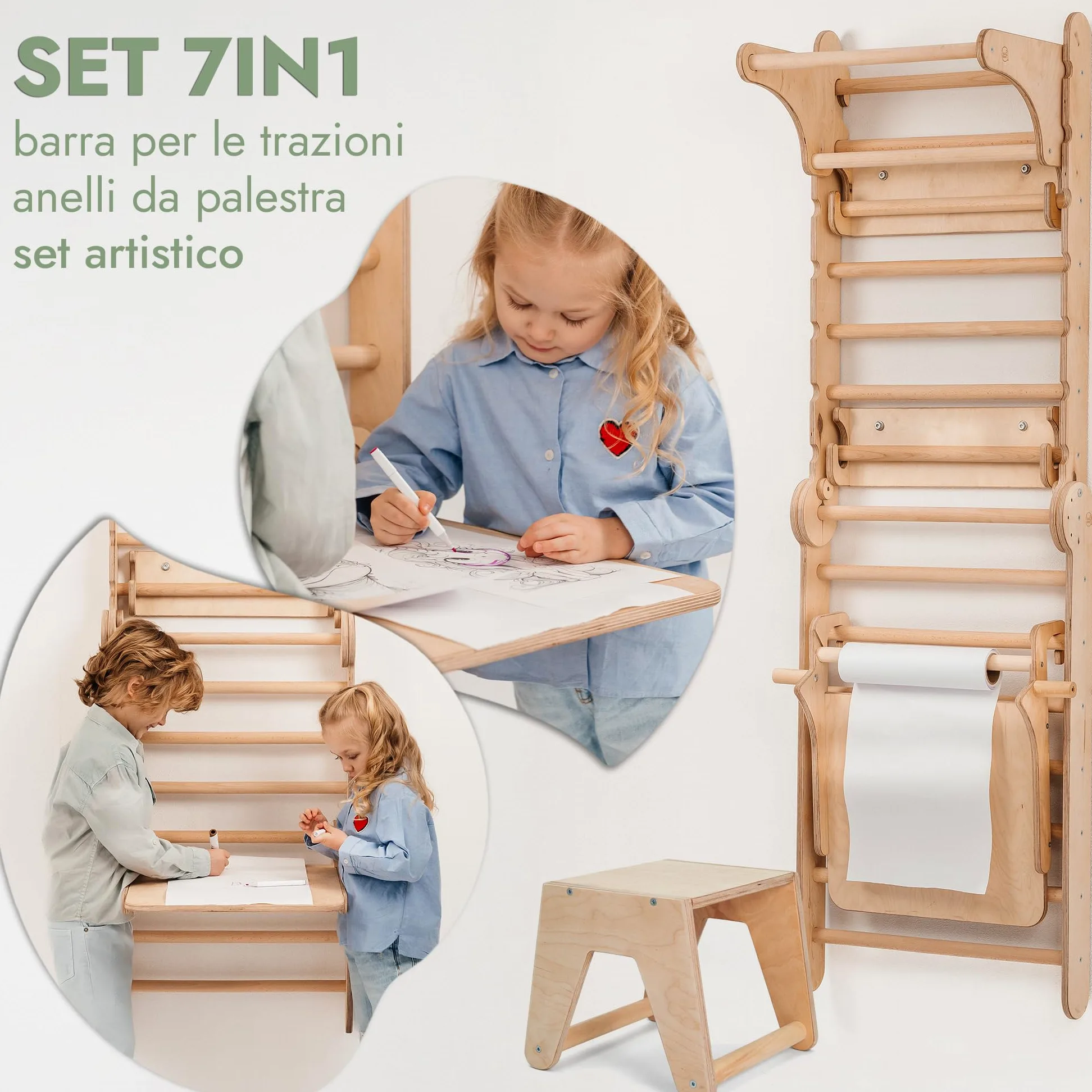 Goodevas Set da Parete Svedese 6 in 1 e Scivolo per Bambini, Versatile, Scala da Arrampicata, Altalena e tavola Scorrevole, Attrezzatura da Gioco Ideale per Interni, per Bambini da 2 a 12 Anni