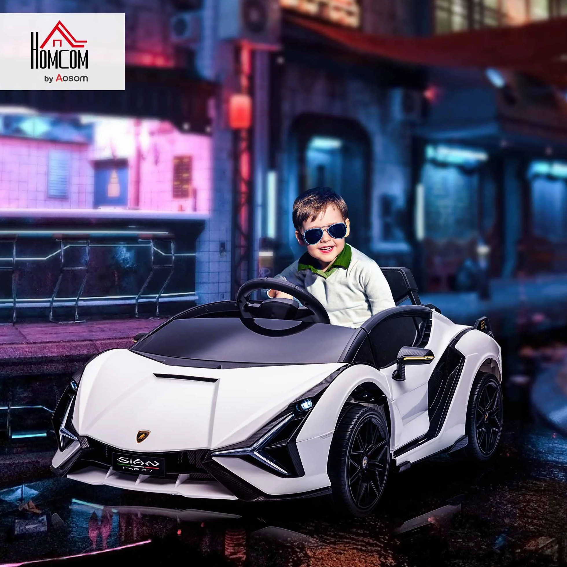 HOMCOM Macchina Elettrica per Bambini 3-5 Anni 12V Lamborghini SIAN, 3-5km/h Auto Elettrica per Bambini con 2 Motori, Fari e Musica, Telecomando, Cintura e Clacson, Bianco