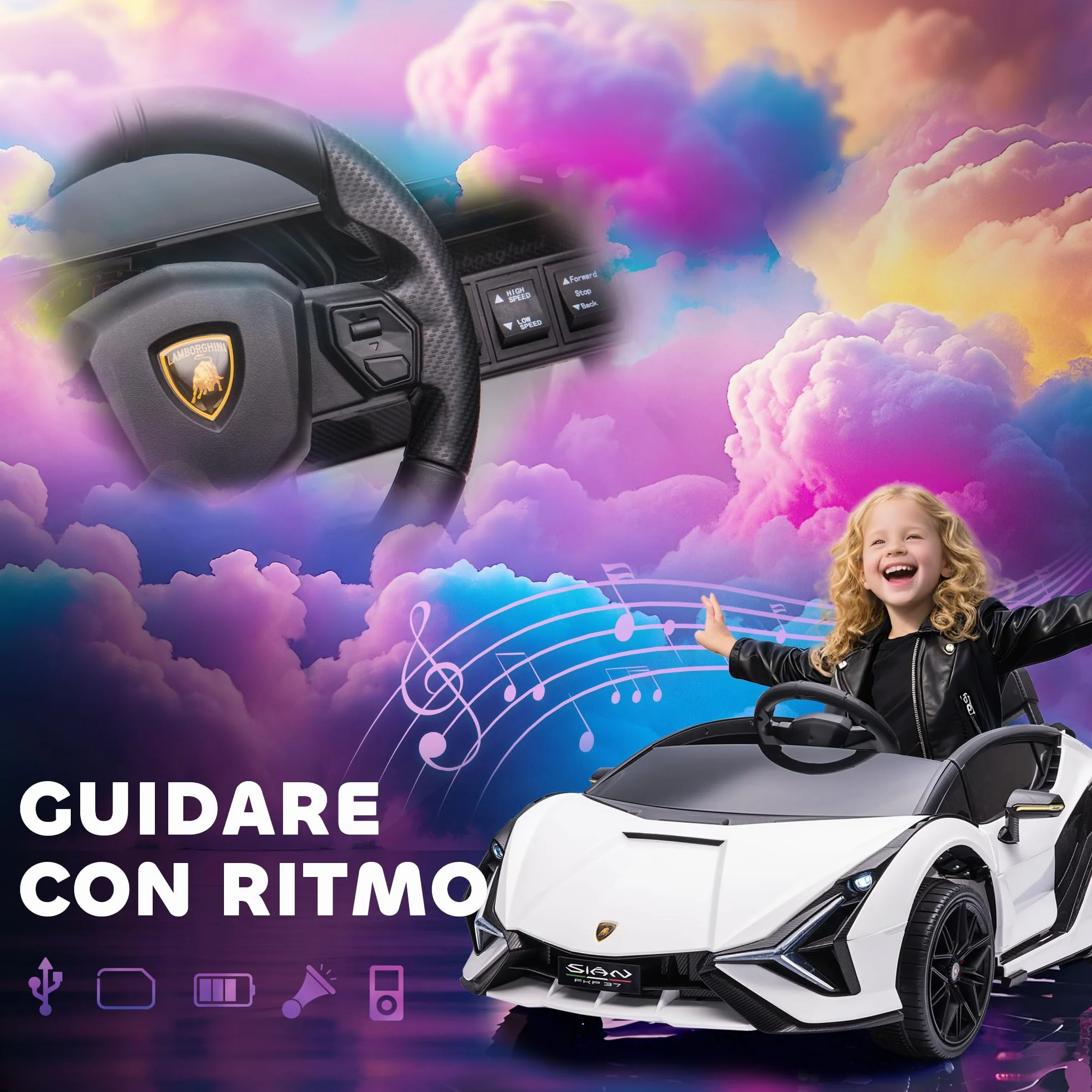 HOMCOM Macchina Elettrica per Bambini 3-5 Anni 12V Lamborghini SIAN, 3-5km/h Auto Elettrica per Bambini con 2 Motori, Fari e Musica, Telecomando, Cintura e Clacson, Bianco