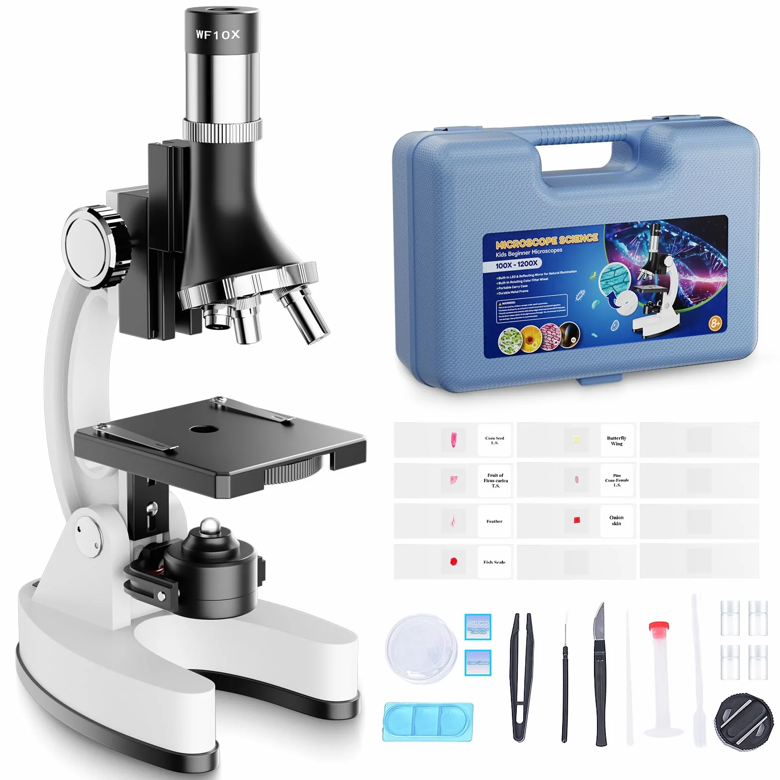 Kit Microscopio Professionale Bambini 100X-1200X: Microscopio Ottico per Ragazzi Scoperta STEM Biologia - Set Scienza con Vetrini Microscope, Scatola Trasporto - Regalo Educativo per Bambino 5-12 Anni