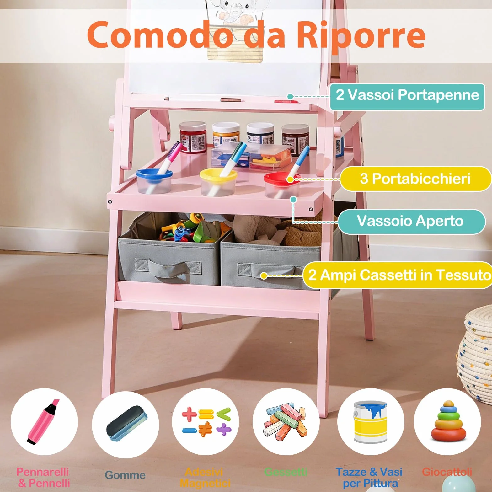 RELAX4LIFE 3 in 1 Lavagna per Bambini Cavalletto Doppia Faccia Magnetica Lavagna Bianca Rotolo Carta Scaffale Doppio 2 Cesto Tessuto Pieghevole Rosa