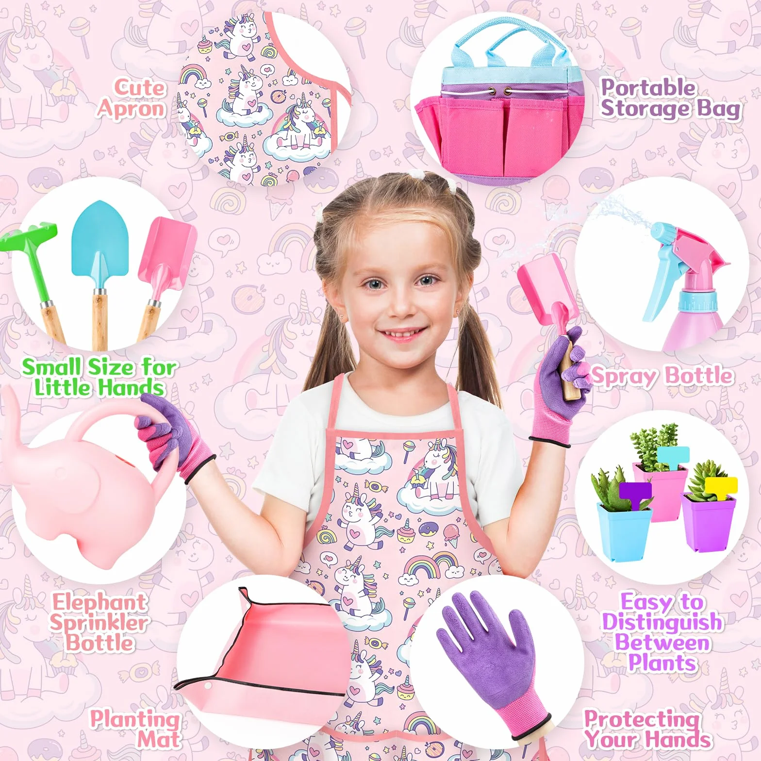 deAO Set di Attrezzi da Giardinaggio, per Bambini, inlcuso Pala Sicura, Rastrello,Forcella, Guanti, Grembiule, Annaffiatoio e Borsa in Tela, Kit per Il Giardinaggio Adatto a Ragazzi e Ragazze, Rosa