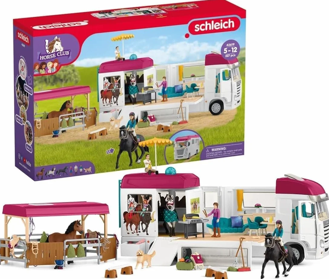 Schleich HORSE CLUB | Trasportatore di cavalli 42619 | dai 5 anni | con box, 3 cavalli, Lisa, i suoi genitori e accessori | regalo per bambine e bambini | giocattolo con cavalli dai 5 anni | se