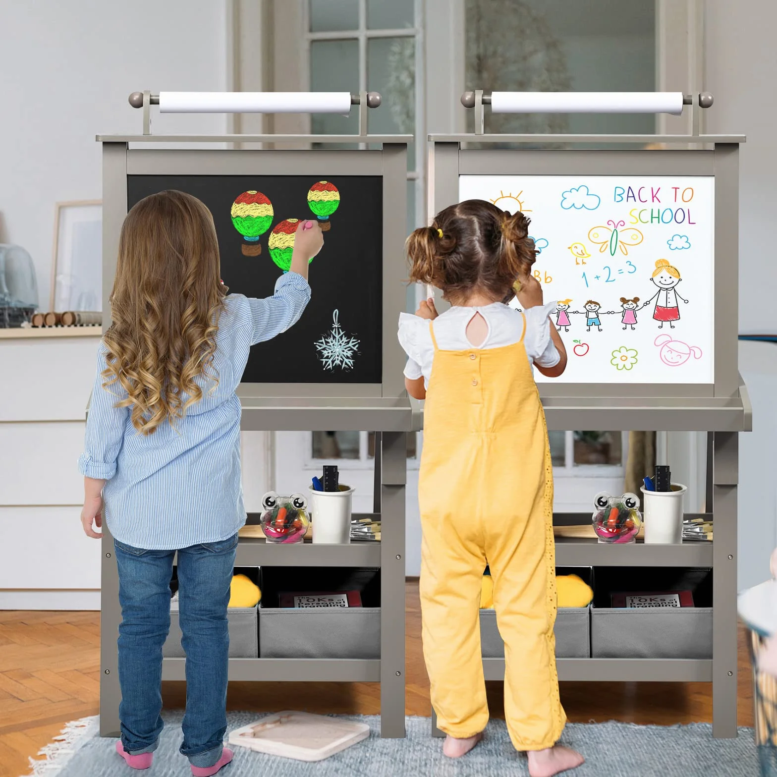 Lavagna per Bambini 3 IN 1 RELAX4LIFE, Cavalletto Pittura a Doppia Faccia Magnetica con Rotolo di Carta, Giocattolo Educativo 3+ Anni, Grigio