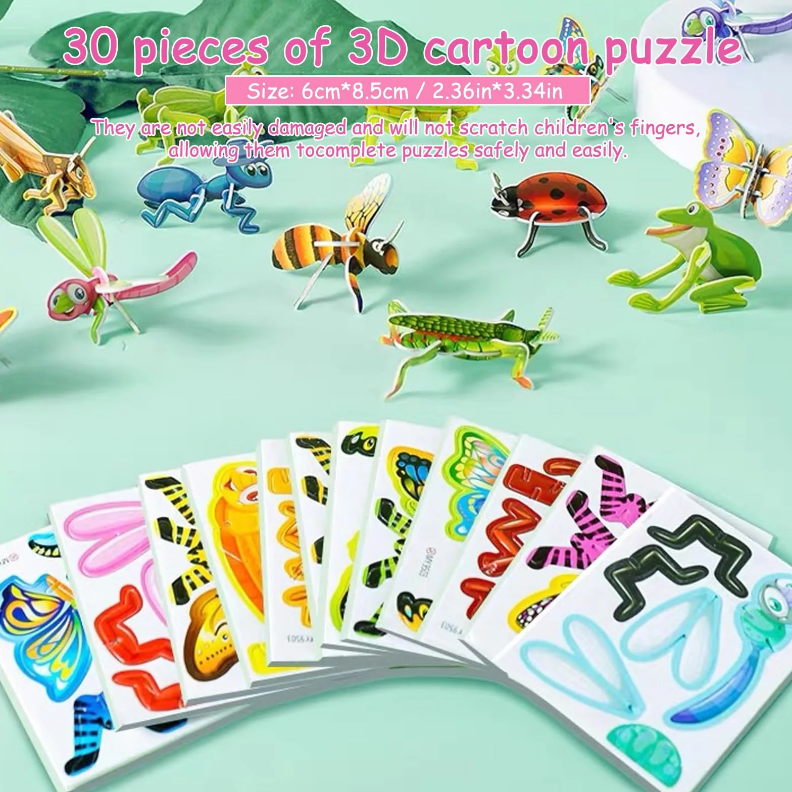 dellyy Puzzle 3D per Bambini, Puzzle con Animali da 30 Pezzi per Bambini, Puzzle di Cartoni Animati, Puzzle Educativo di Cartoni Animati 3D, Mini Puzzle (Insetti)