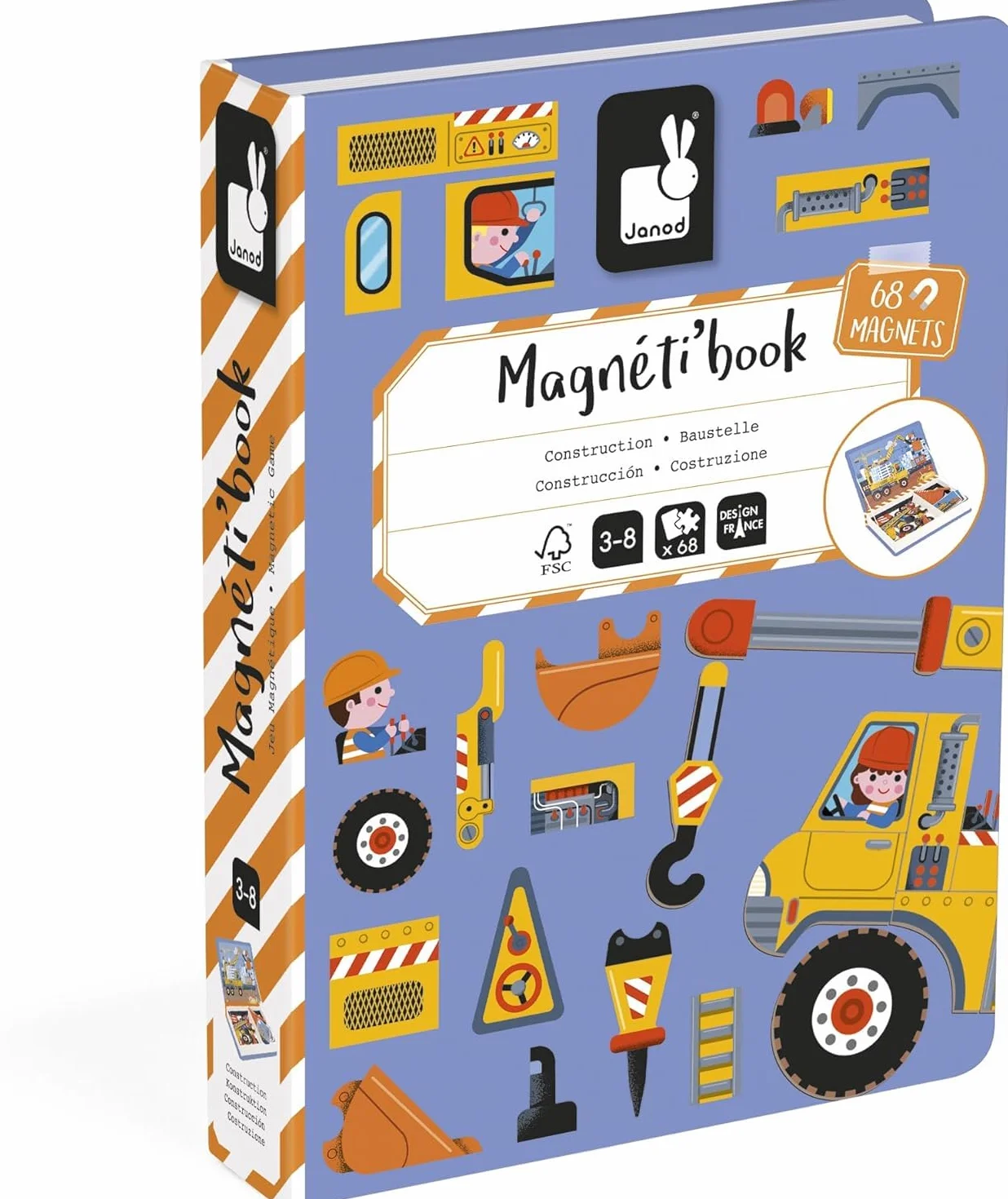 Janod Magnéti'Book Véhicules du Chantier, Gioco Magnetico educativo 50 magneti + 18 Modelli, Giocattolo in Cartone FSC per Bambini, Sviluppa la destrezza e l'immaginazione, da 3 Anni, J02526