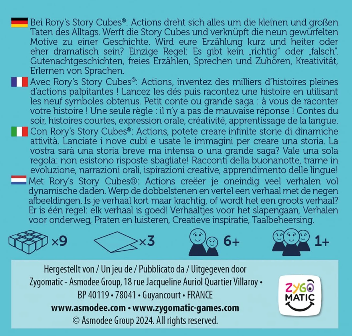 Zygomatic, Rory's Story Cubes Actions, gioco di dadi 1+ giocatore, 6+ anni, 20 minuti, tedesco, multilingue