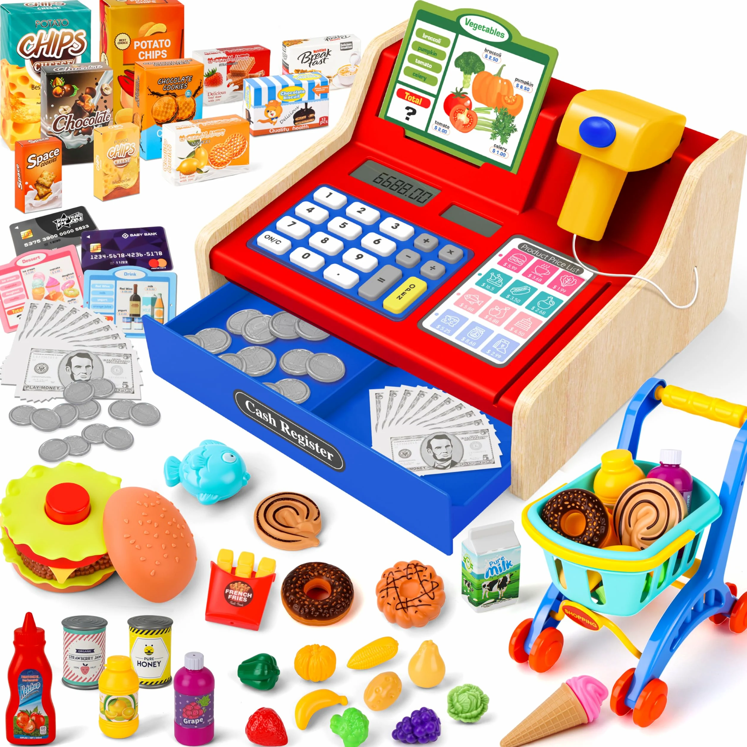MOMOSTAR Cassa Giocattolo per Bambini, Registratore di Cassa Giocattolo con Scanner Calcolatrice, Supermercato Giocattolo con 66 Accessori, Cassa Giochi d'Imitazione Regalo per Bambini 3 4 5 6 Anni