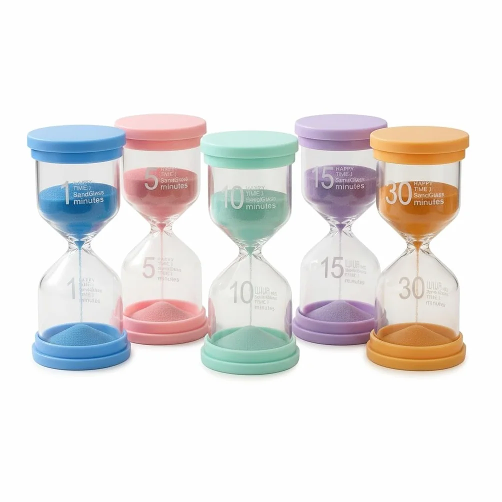 Clessidra Bambini 5 Pezzi – Timer Visivo Colorato 1/5/10/15/30 Minuti, Clessidra Educativa in Plastica Anticaduta per Studio, Gioco e Casa
