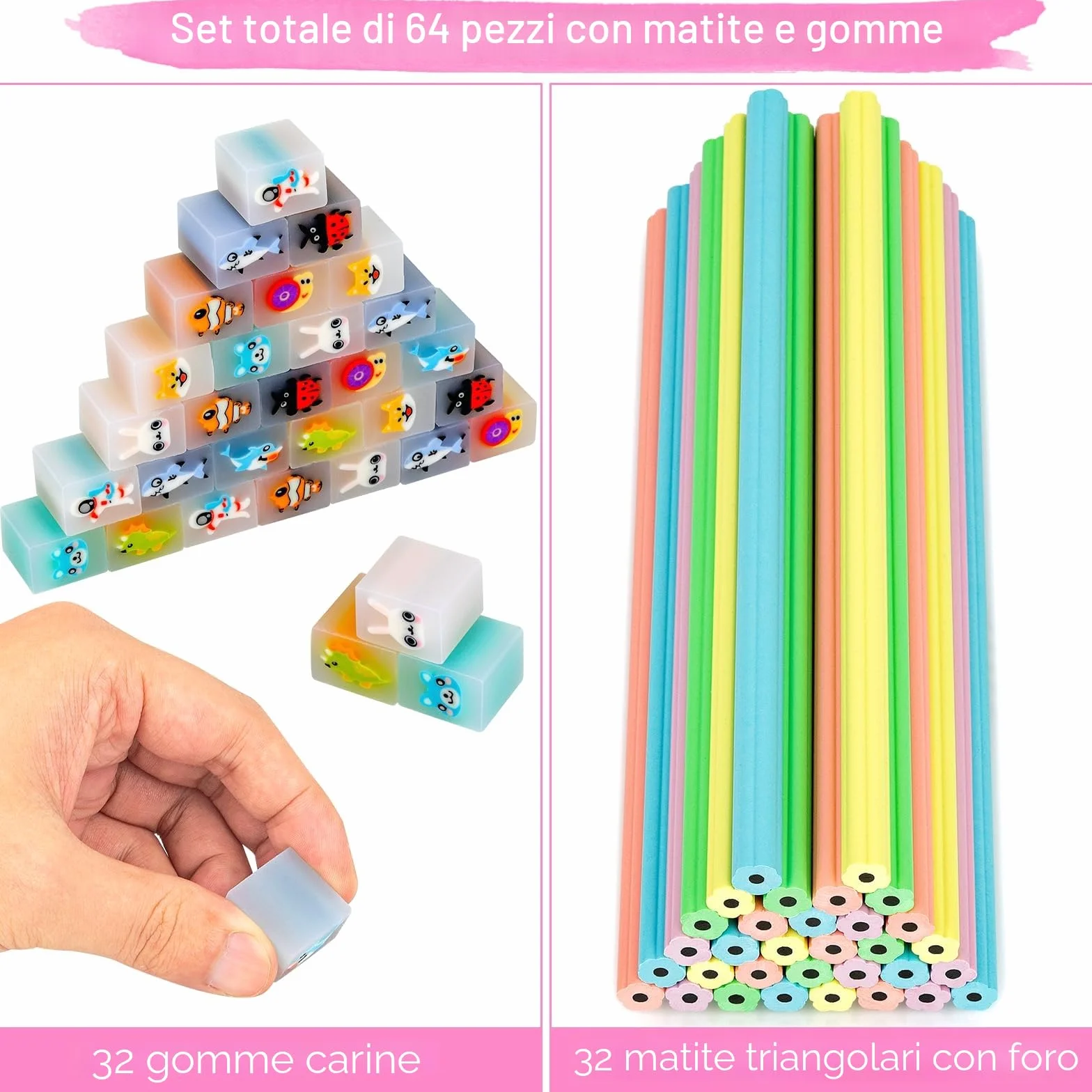 64Pcs Matite con Gomma Bambini,32 Gomme Cancellare Bambini Divertenti & 32 Petalo Matite Bambini Adatta Regalini Fine Festa Compleanno,Gadget Compleanno Bambini