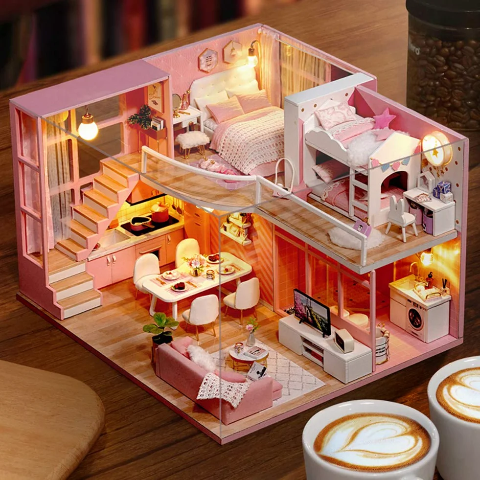 Generic Kit per Casa delle Bambole Rosa Fai-da-te Modello di Casa delle Bambole in Miniatura in Legno Fatto a Mano Carino per la Decorazione Domestica e Materiale Ecologico Regalo per Bambini