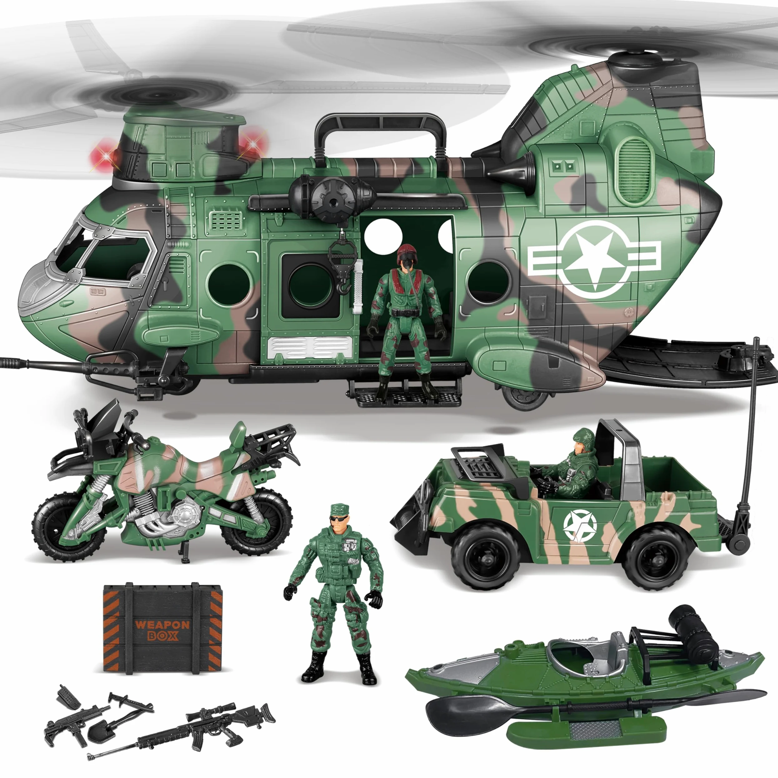 JOYIN 10-in-1 Jumbo Giocattolo Elicottero da Trasporto Militare Set Compreso Elicottero con Luci e Suoni Realistici, Camion Militare, Barca Kayak, Moto, Action Figure