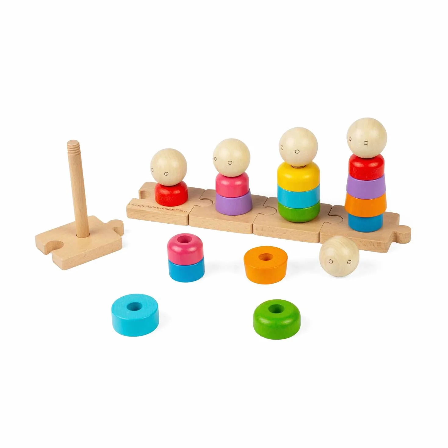 Bigjigs Toys Rainbow Family, 25 giocattoli montessori impilabili in legno, attività educativa per l'apprendimento precoce, regali ecologici per neonati e bambini, età 12+ mesi