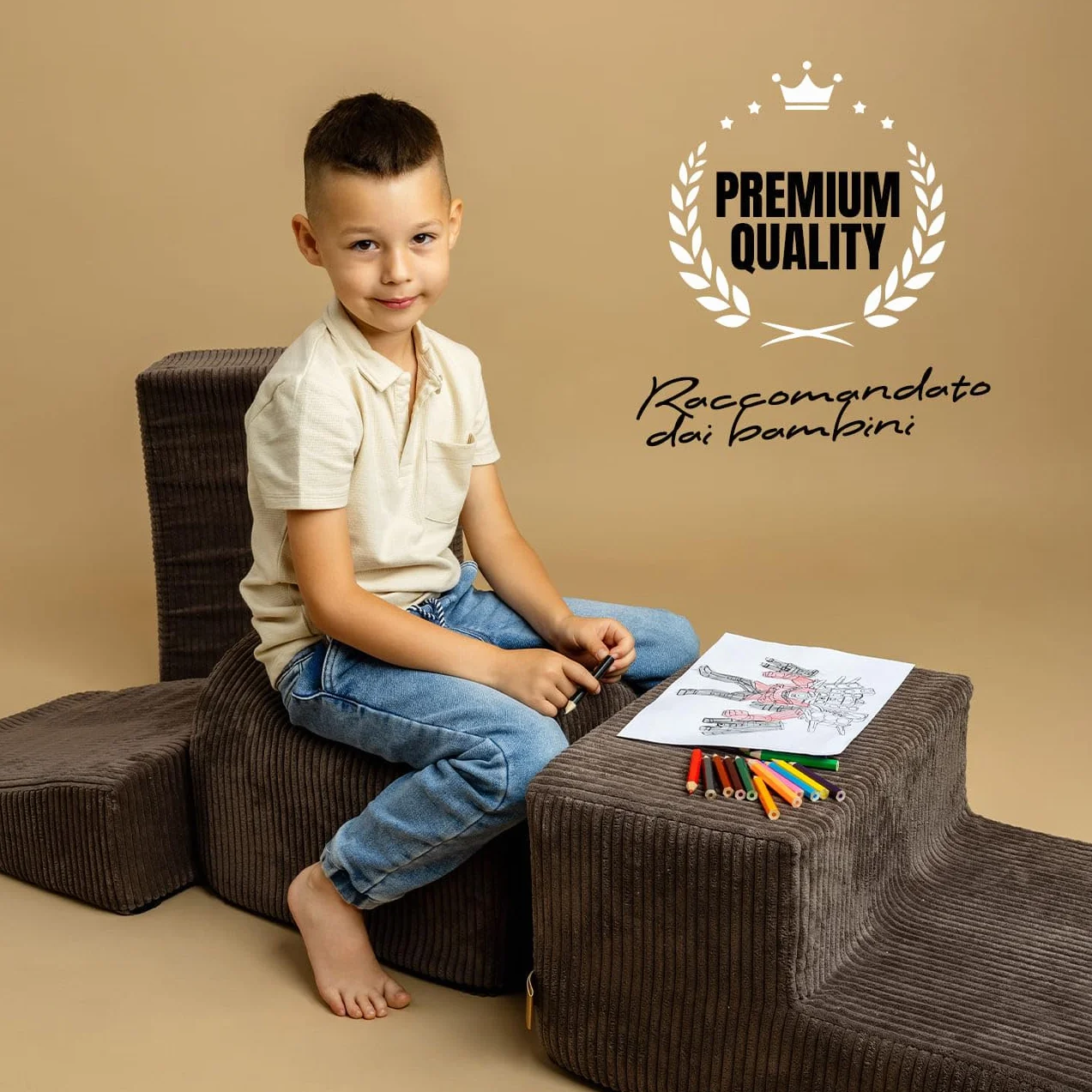MEOWBABY Playset in Schiuma Morbida - Percorso a Ostacoli per Bambini, 3 Blocchi Modulari, Area Giochi Sicura e Interattiva 145x45 cm, Perfetto per Neonati e Prima Infanzia, Kord, Crema