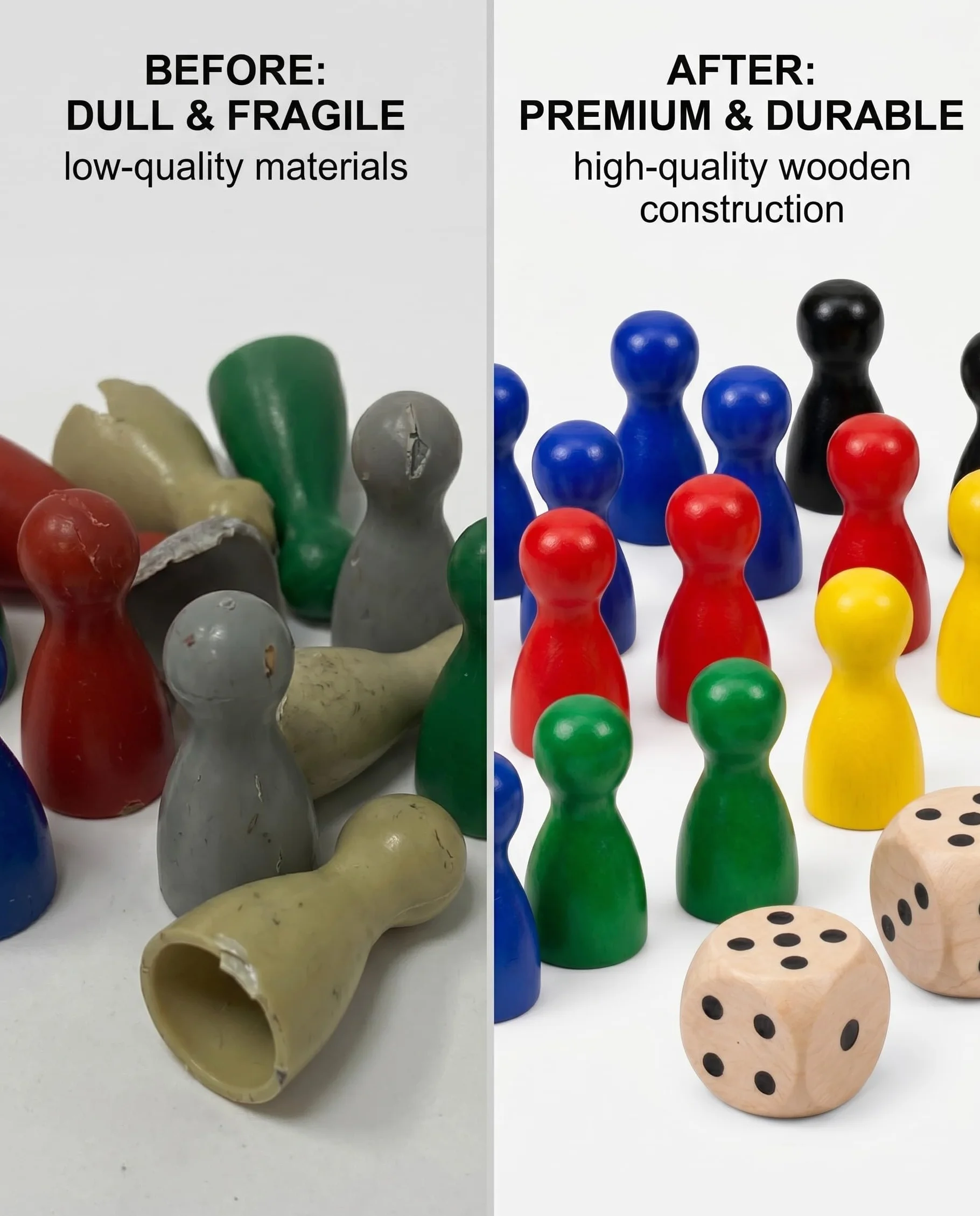 Pedine Sagomate in Legno, 30 Pezzi Multicolori (6 Colori) + 3 Dadi, Set Universale per Giochi da Tavolo, Ricambi e Progetti DIY Creativi