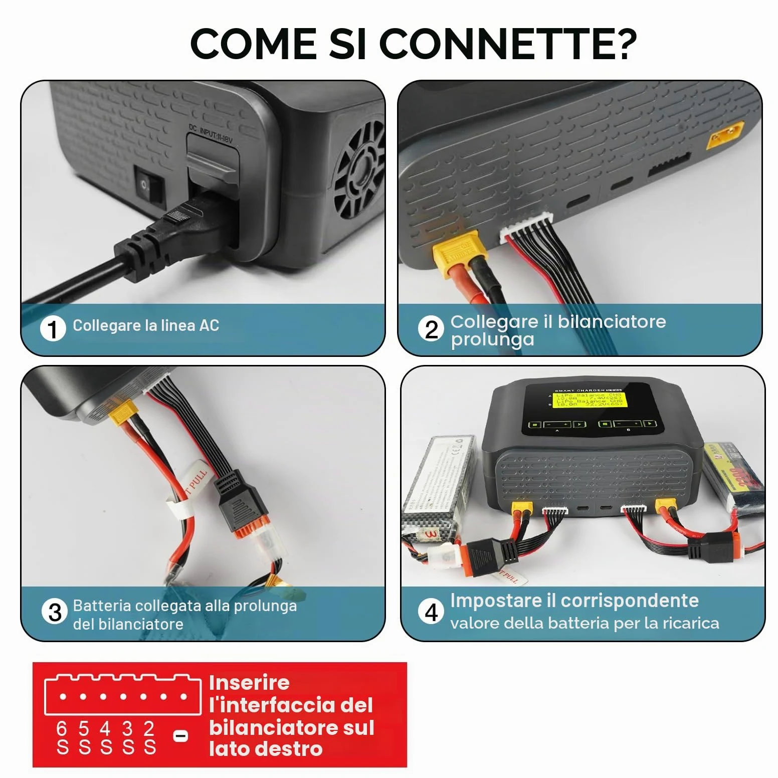 Haisito Caricabatterie al litio RC AC 150 W/DC 240 W, Duo, caricatore LiPo per LiPo/Life/LiHV/Lilon (1-6S), NiMH/NiCD(1-15S), PB, Smart Batterie, 10 A RC Balance, Caricabatterie RC