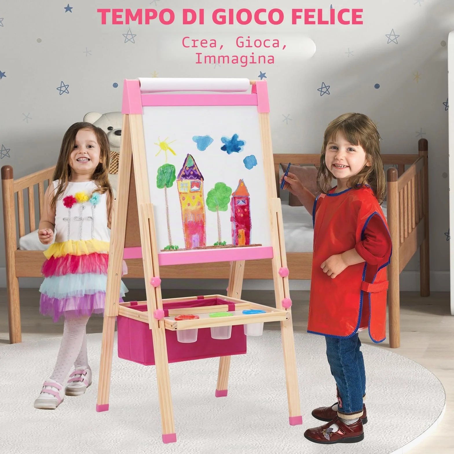 Lavagna per Bambini 3 in 1 con Rotolo di Carta, Cavalletto Artistico Pieghevole Rosa