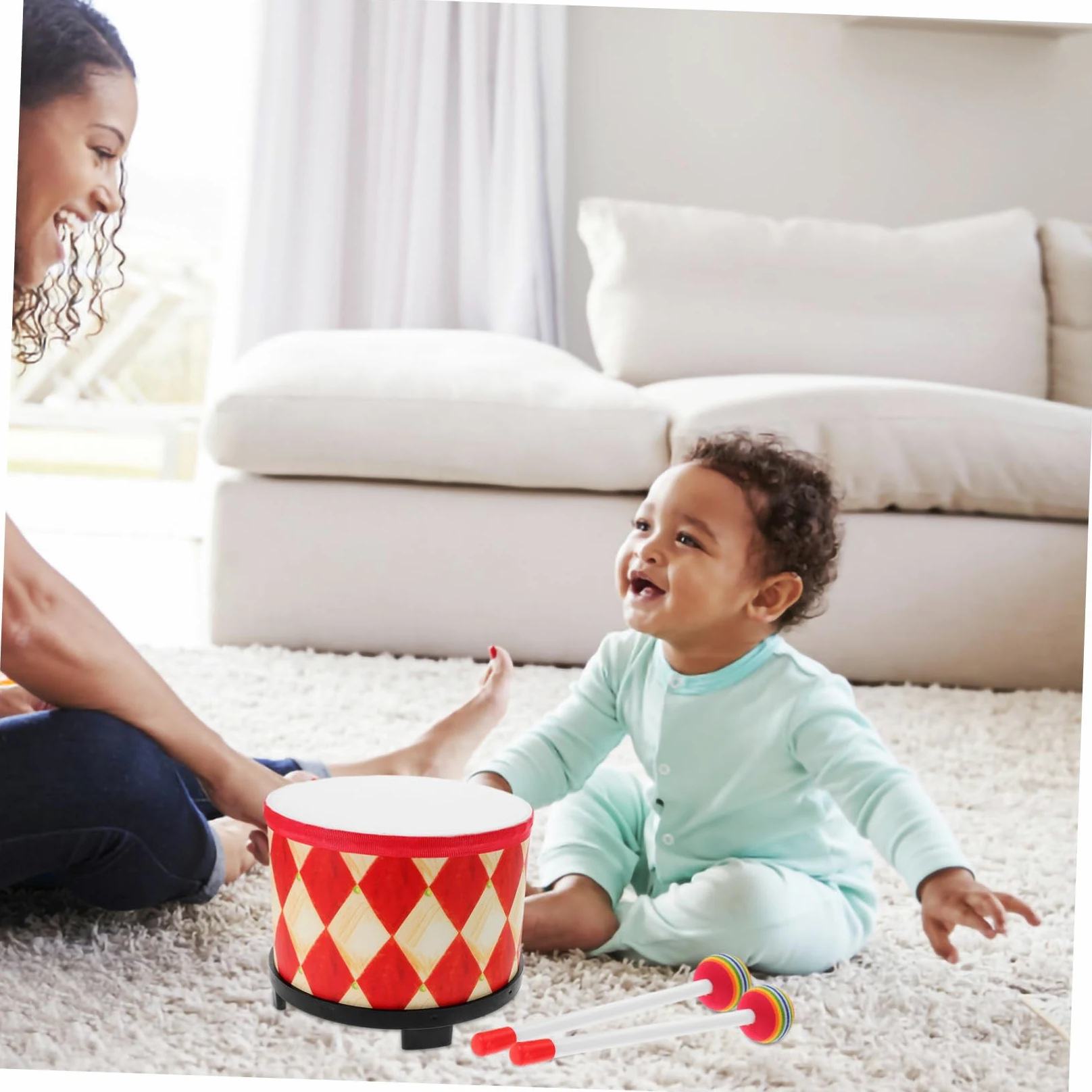 Tamburello a Mano Tamburo Musicale per Bambini Piccoli 20 Cm con Design Rosso a Griglia per Gioco Educativo Individuale e Attività di Gruppo