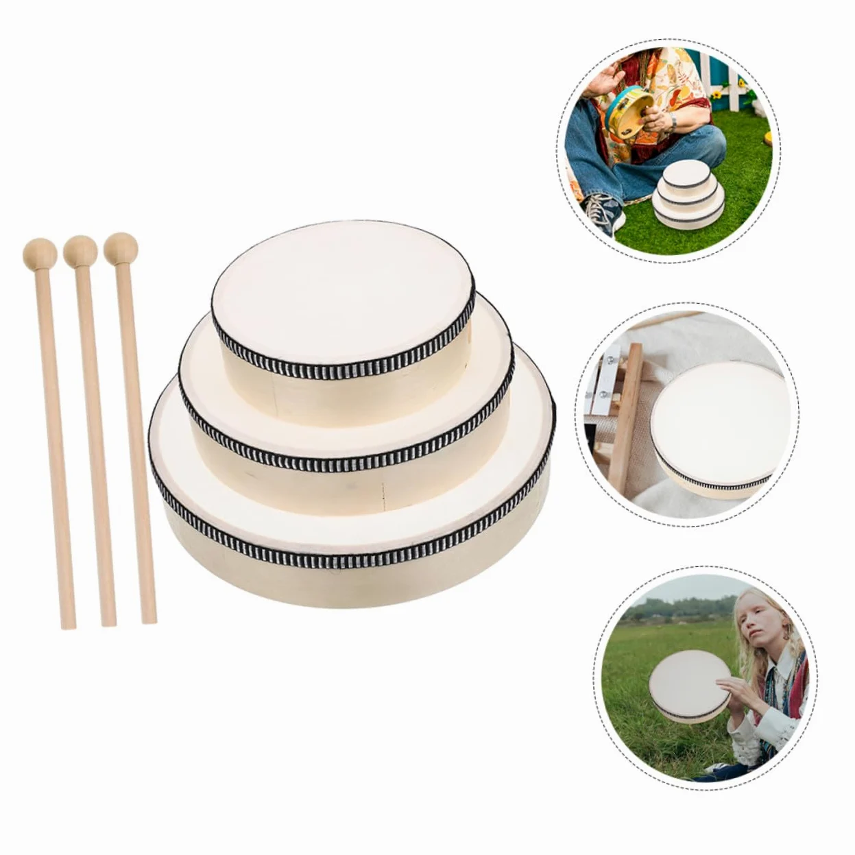 SUPVOX Tamburello Musicale in Legno 3 Pezzi Set Hand Drum Percussione Facile da Tenere Design Rotondo per Performance ed Educazione Ragazzo Ragazza e Adulti