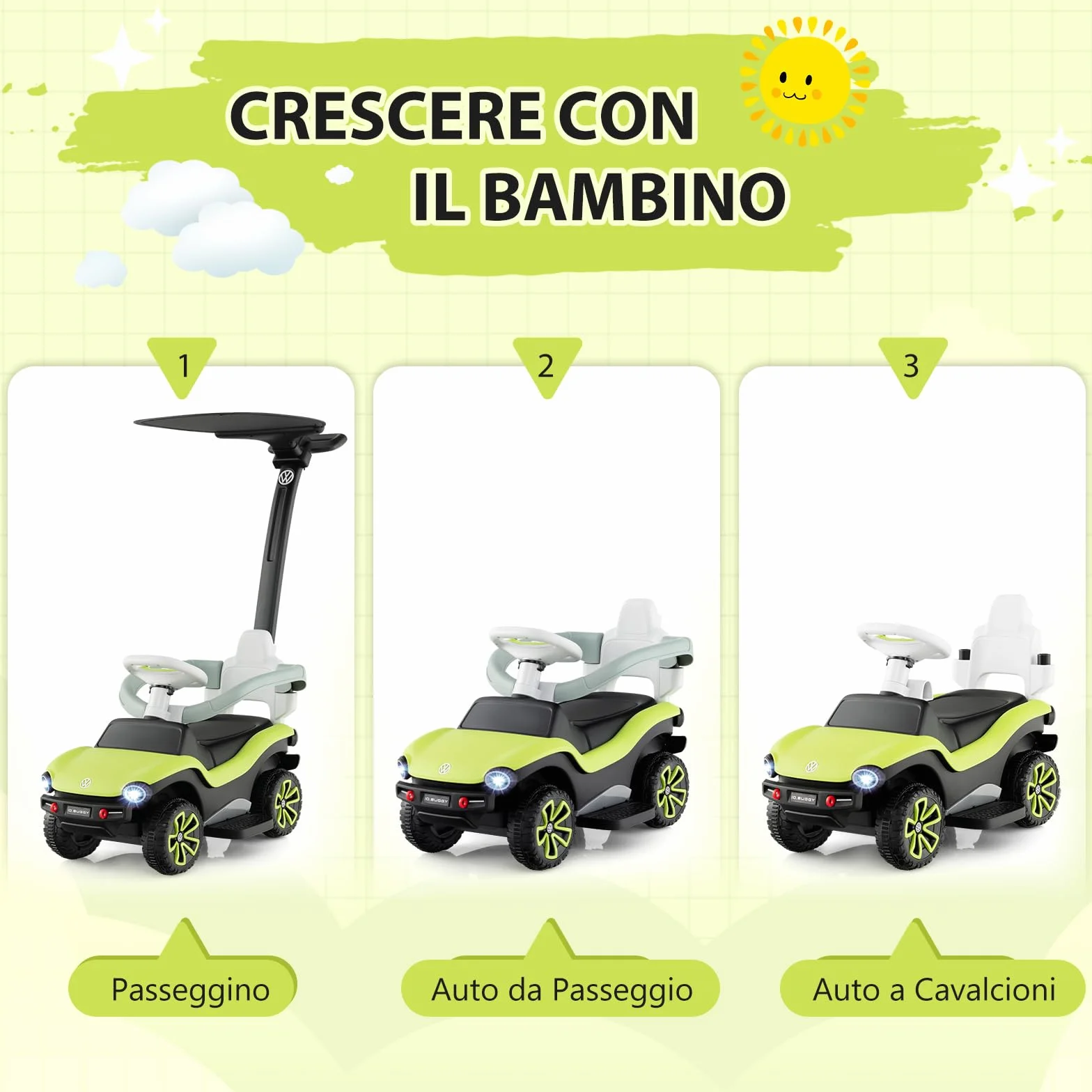 COSTWAY Volkswagen 3 in 1 Macchina Cavalcabile a Spinta per Bambini con Maniglione Regolabile Parasole e Musica 1-3 Anni